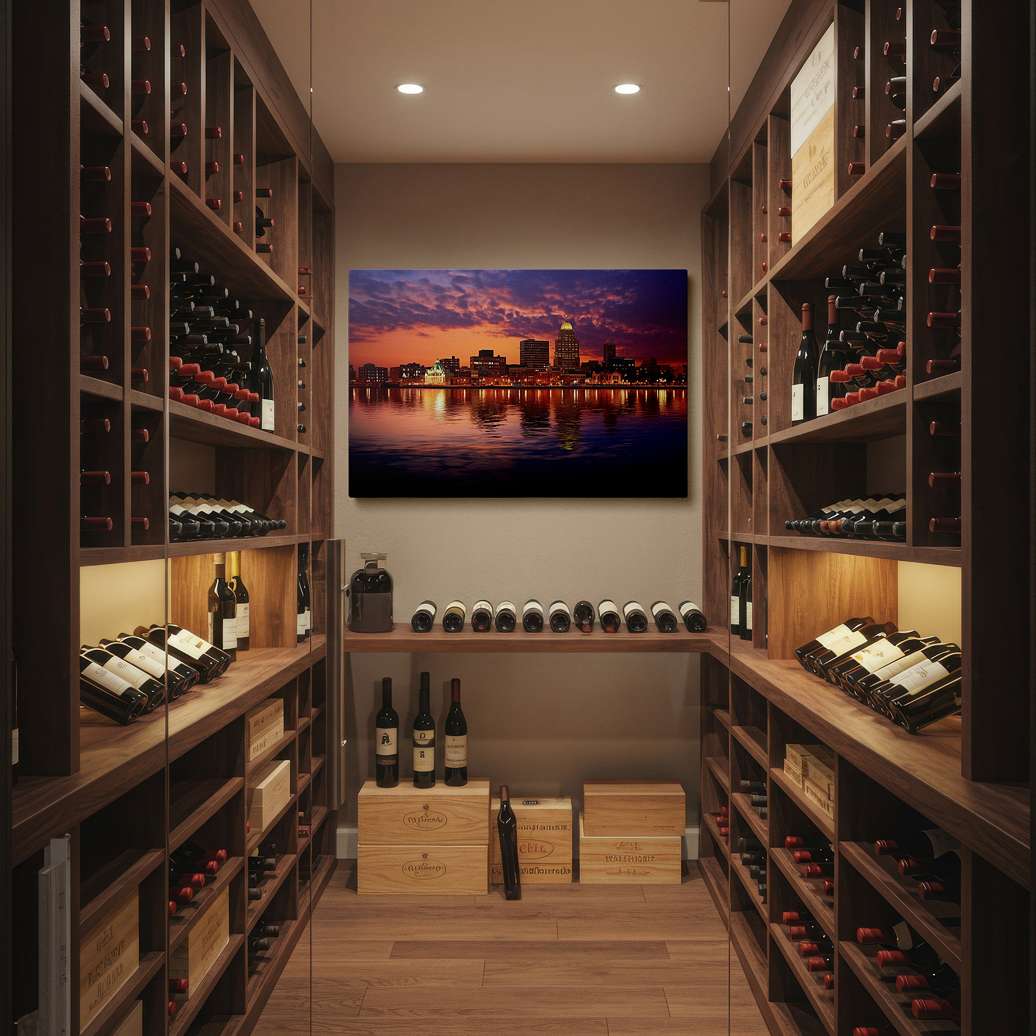 Balanced between two tall indoor plants near a window — cityscape at dusk: sunset hues and tranquil reflections - large canvas wall art for office and bedroom decor