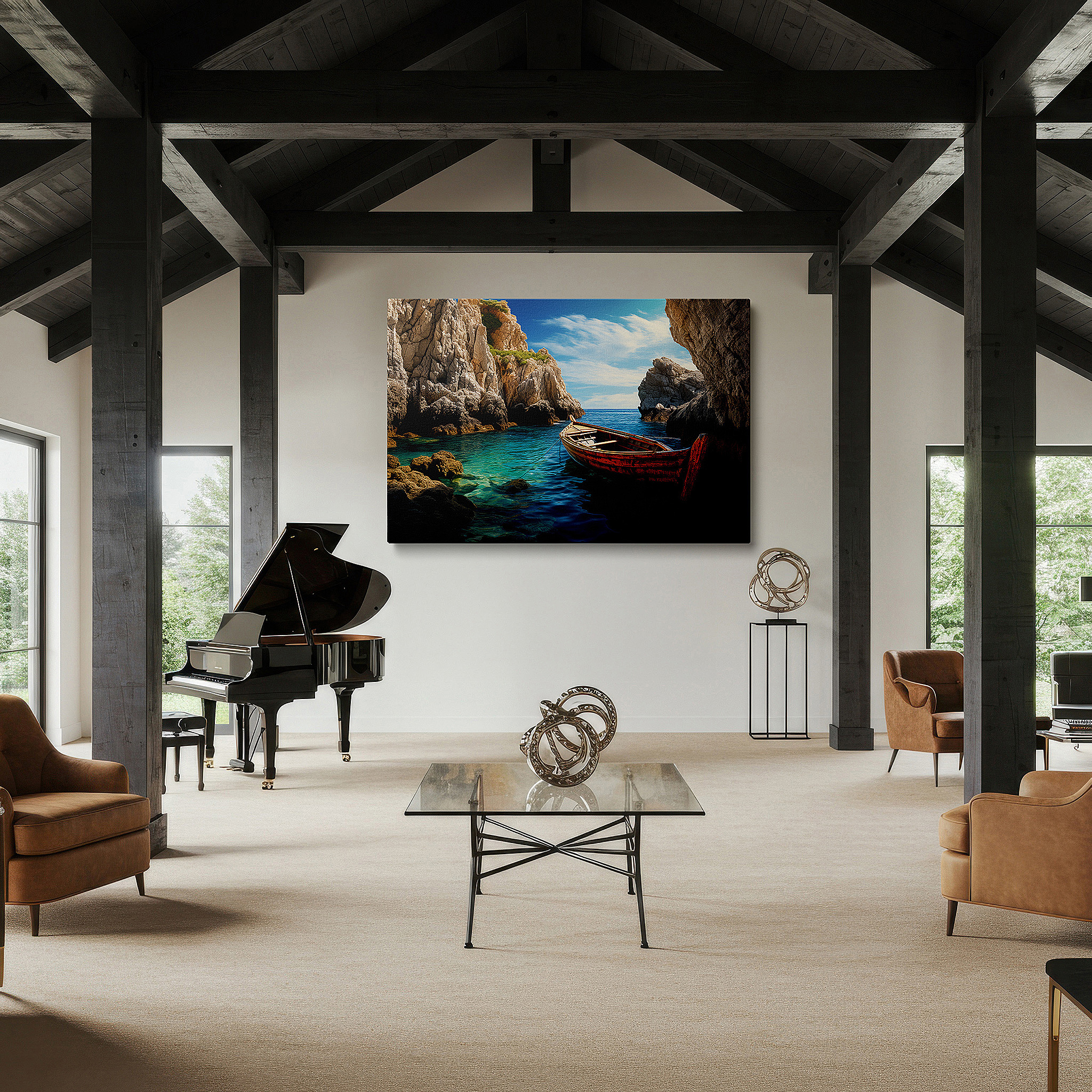 Balanced between two tall indoor plants near a window — coastal serenity wall art featuring weathered boat and textured cliffs - large canvas for home and office decor, perfect for living rooms and bedrooms