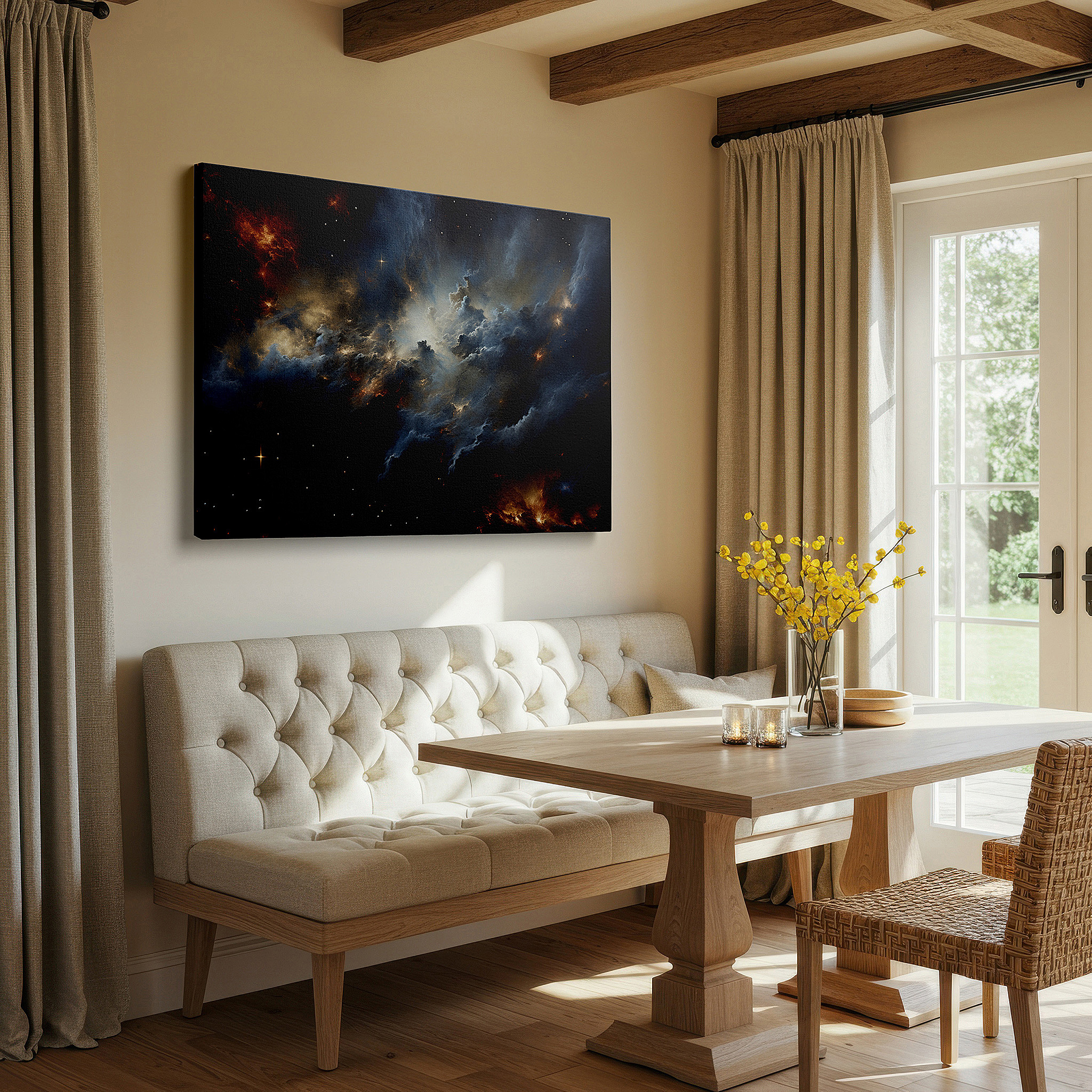 Balanced between two tall indoor plants near a window — cosmic nebula wall art: a fiery journey into celestial birth - large canvas art for home and office decor