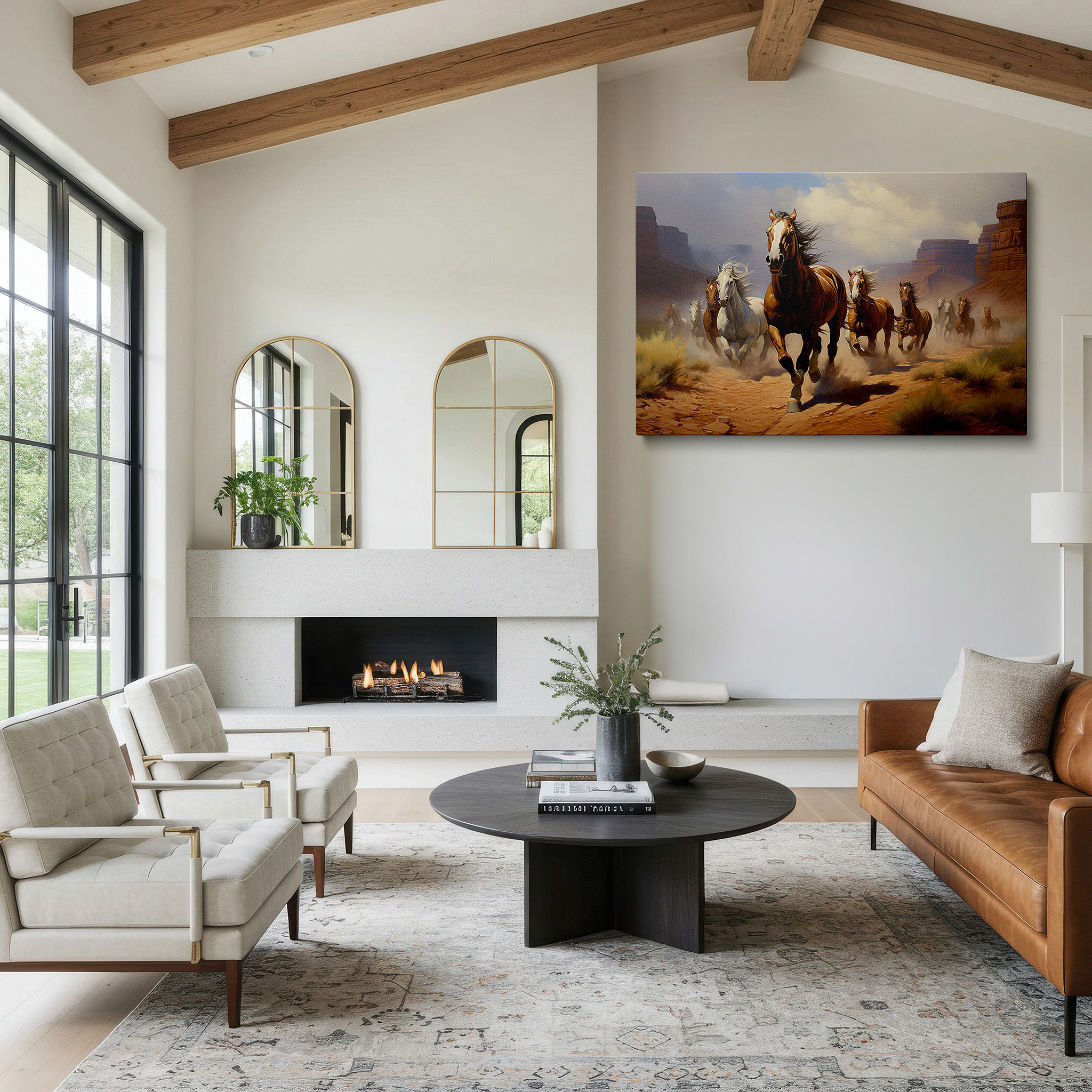 Balanced between two tall indoor plants near a window — desert galloping horses - a symbol of freedom and power, large canvas wall art for office and bedroom decor