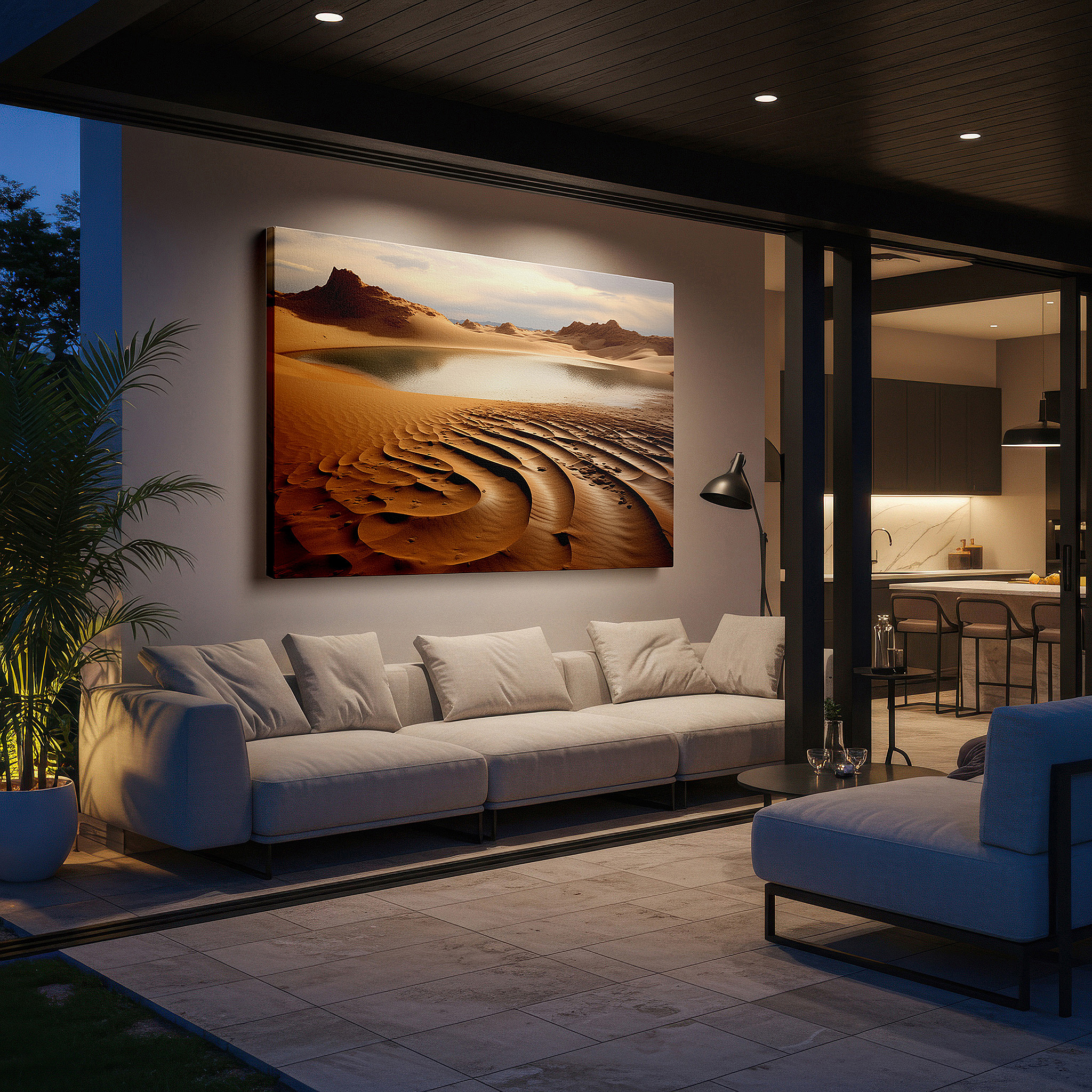 Balanced between two tall indoor plants near a window — desert oasis wall art: tranquil and vast serene landscape with sweeping sand dunes - large canvas for home or office decor