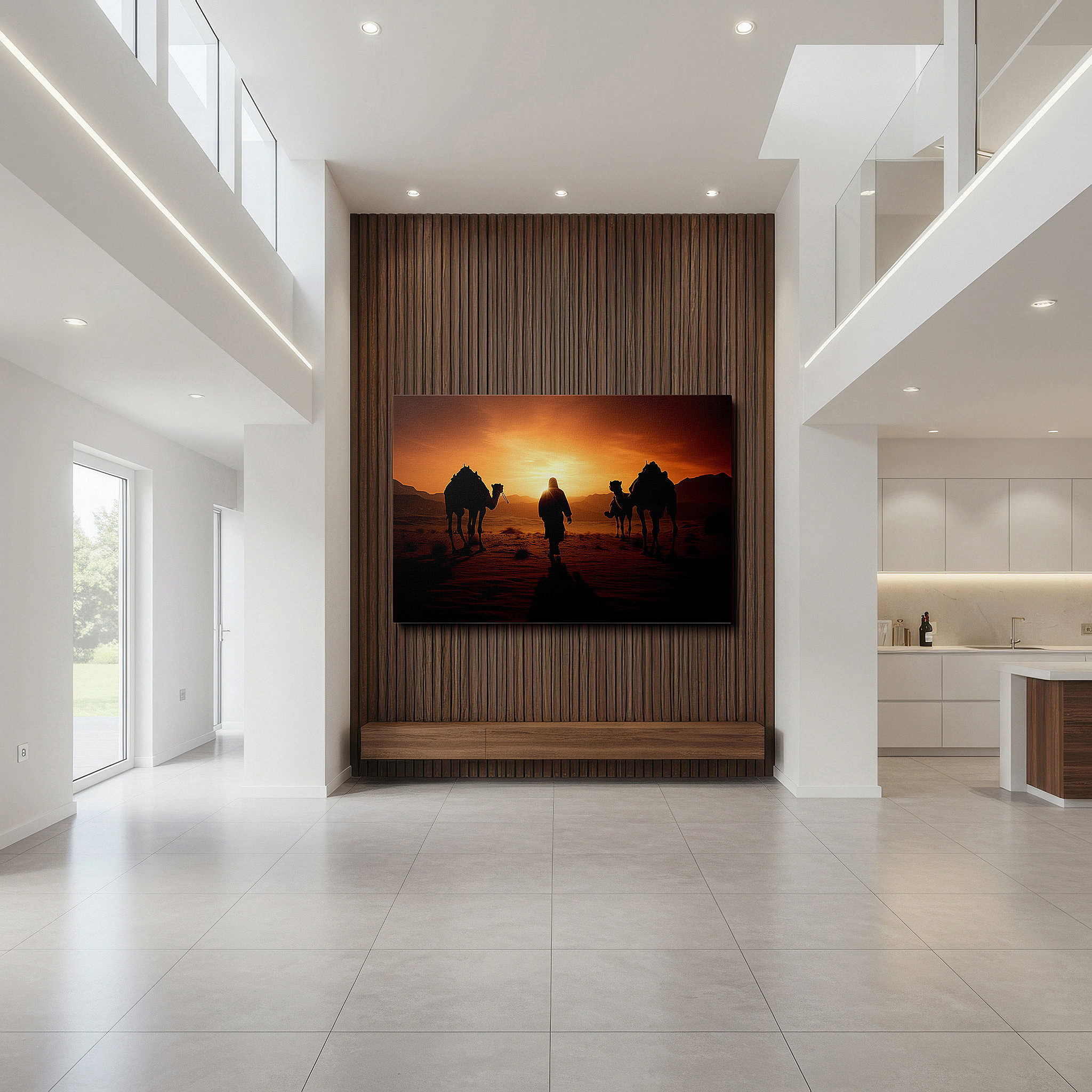 Balanced between two tall indoor plants near a window — desert sunset caravan wall art: camels crossing the horizon, tranquil journey scene, large canvas for home and office decor, perfect for living room and bedroom