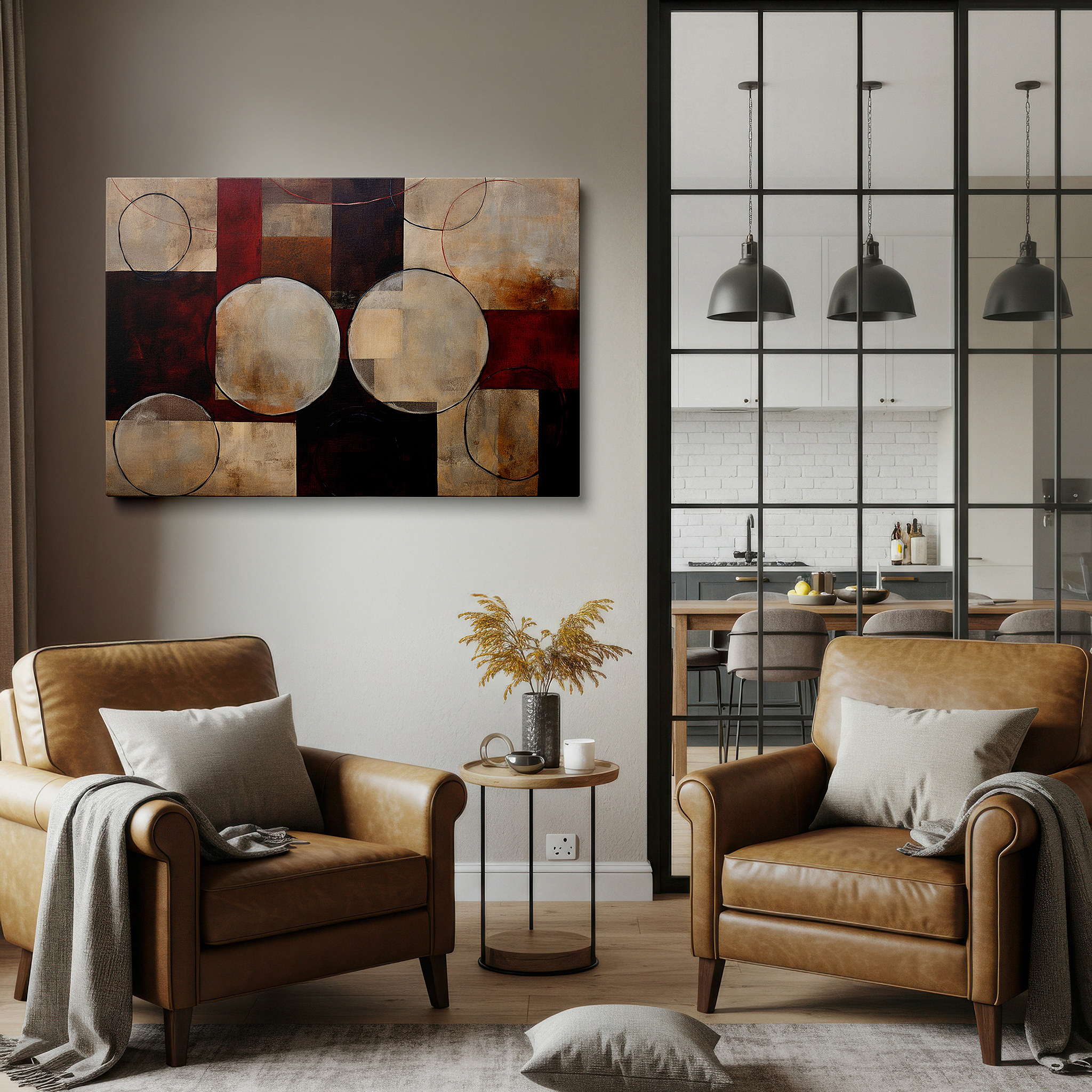 Balanced between two tall indoor plants near a window — dynamic abstract centerpiece: geometric precision and chromatic boldness - large canvas wall art for office decor