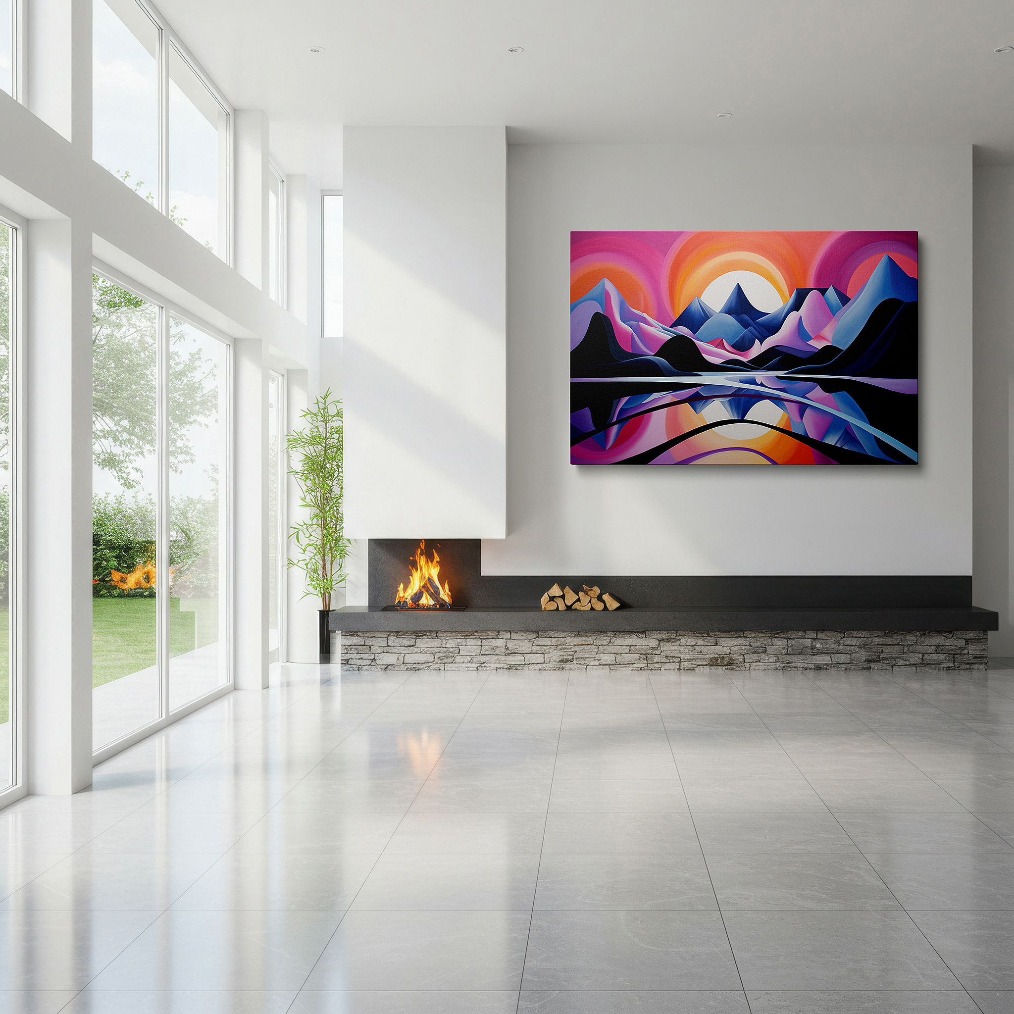 Balanced between two tall indoor plants near a window — dynamic nature: vivid mountains and serene waters large canvas wall art for office and bedroom decor