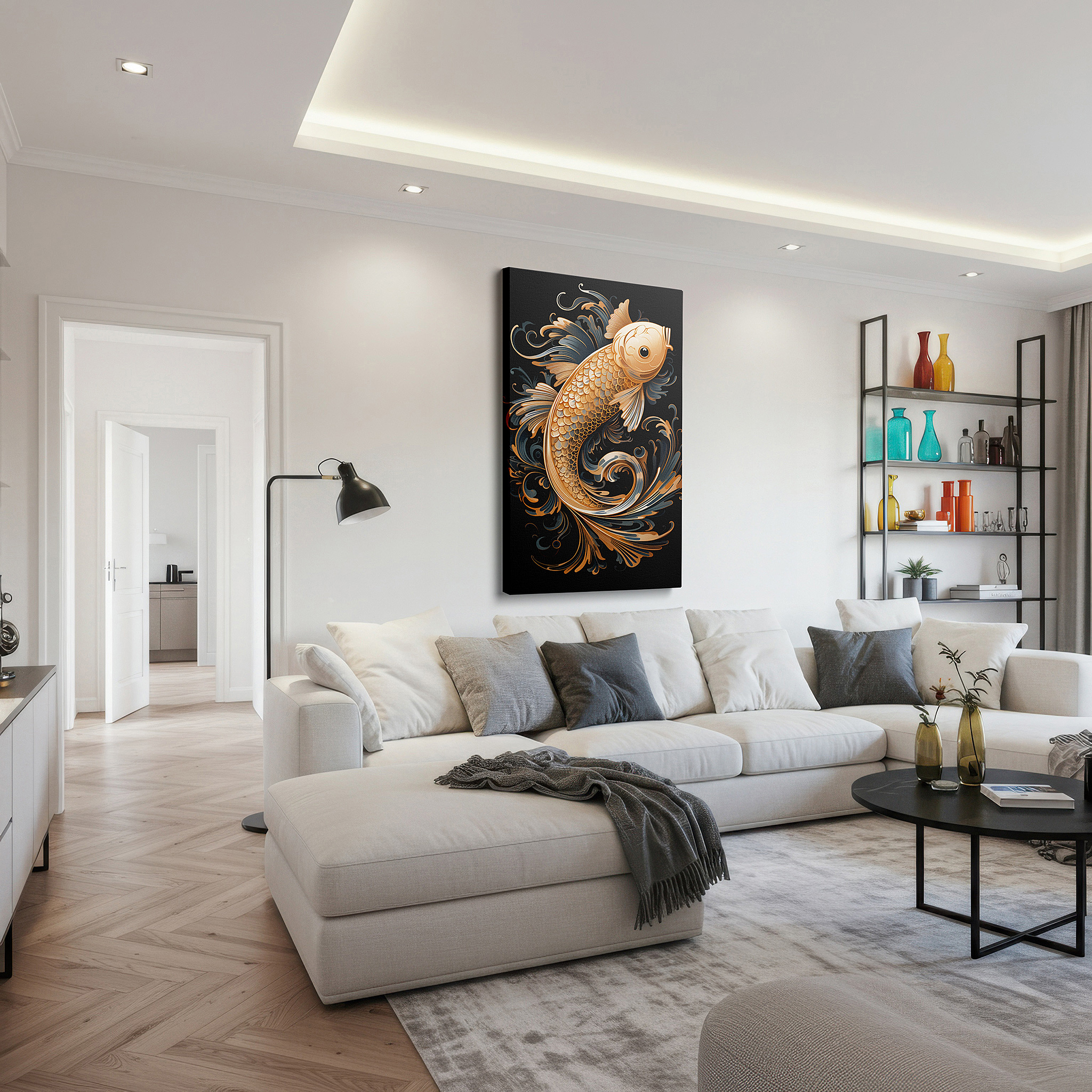 Balanced between two tall indoor plants near a window — elegant goldfish with flowing water designs, peaceful water-themed large wall art, canvas wall art, wall decor for office and bedroom