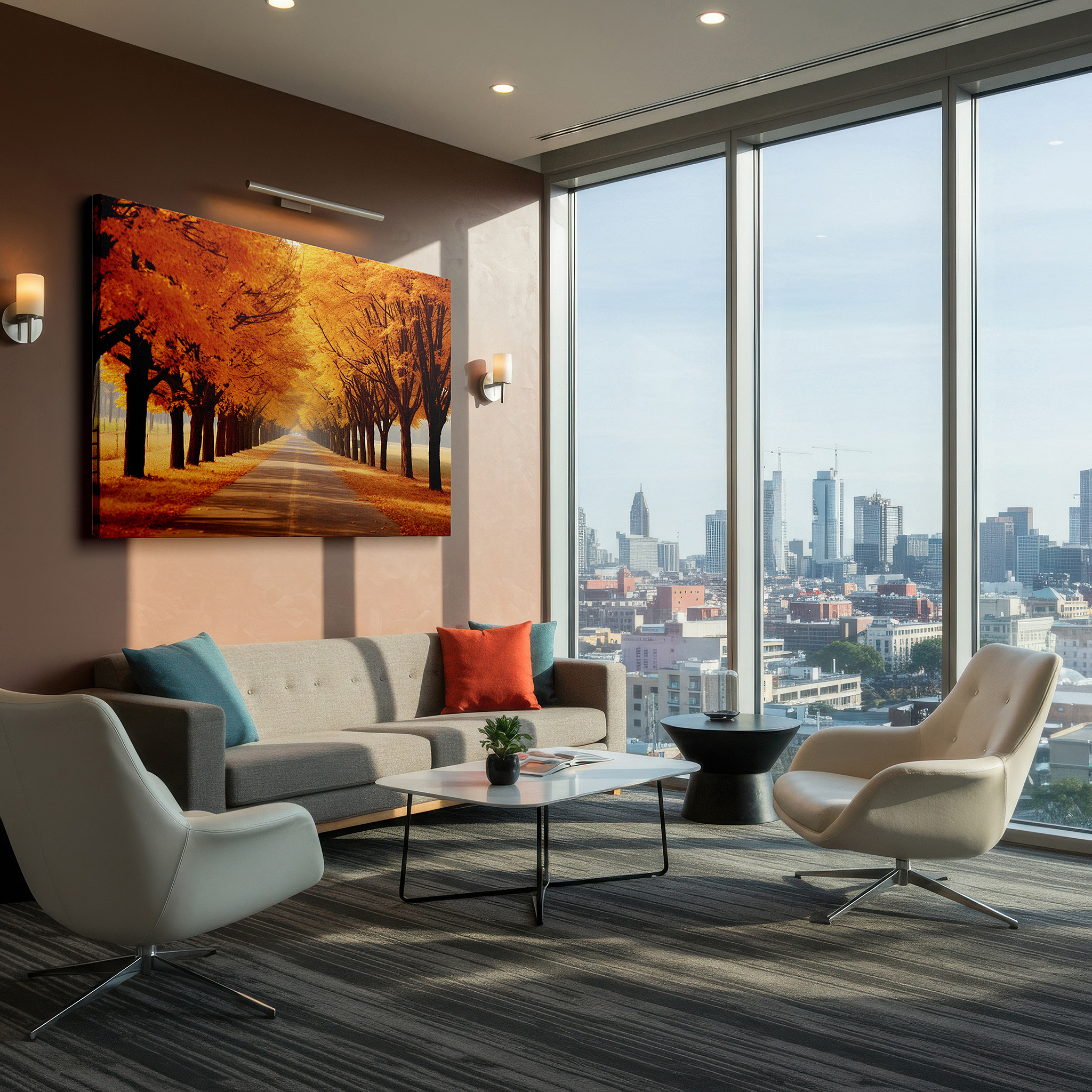 Balanced between two tall indoor plants near a window — enchanted autumn pathway - a vivid journey through fiery hues and serene landscapes: large wall art, canvas wall art, wall decor for office