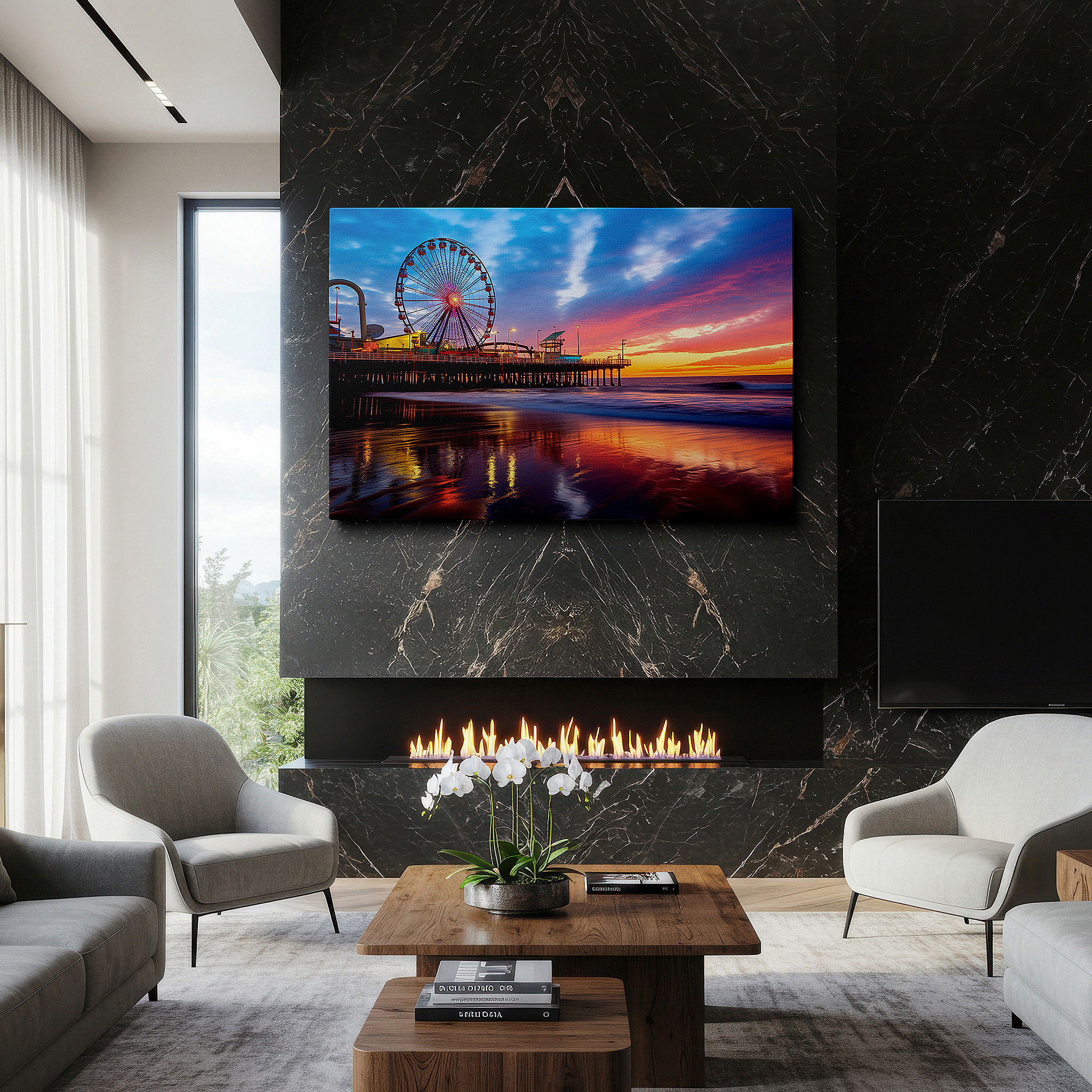Balanced between two tall indoor plants near a window — enchanted ferris wheel at sunset: a spectacle of lights and reflections - large canvas wall art for home and office decor