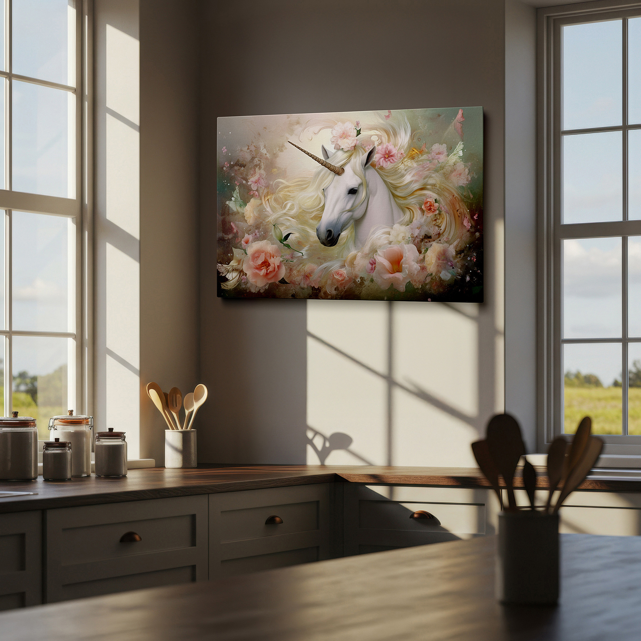 Balanced between two tall indoor plants near a window — enchanted unicorn in a blossoming garden: a whimsical fantasy vision - large wall art, canvas decor for office and bedroom
