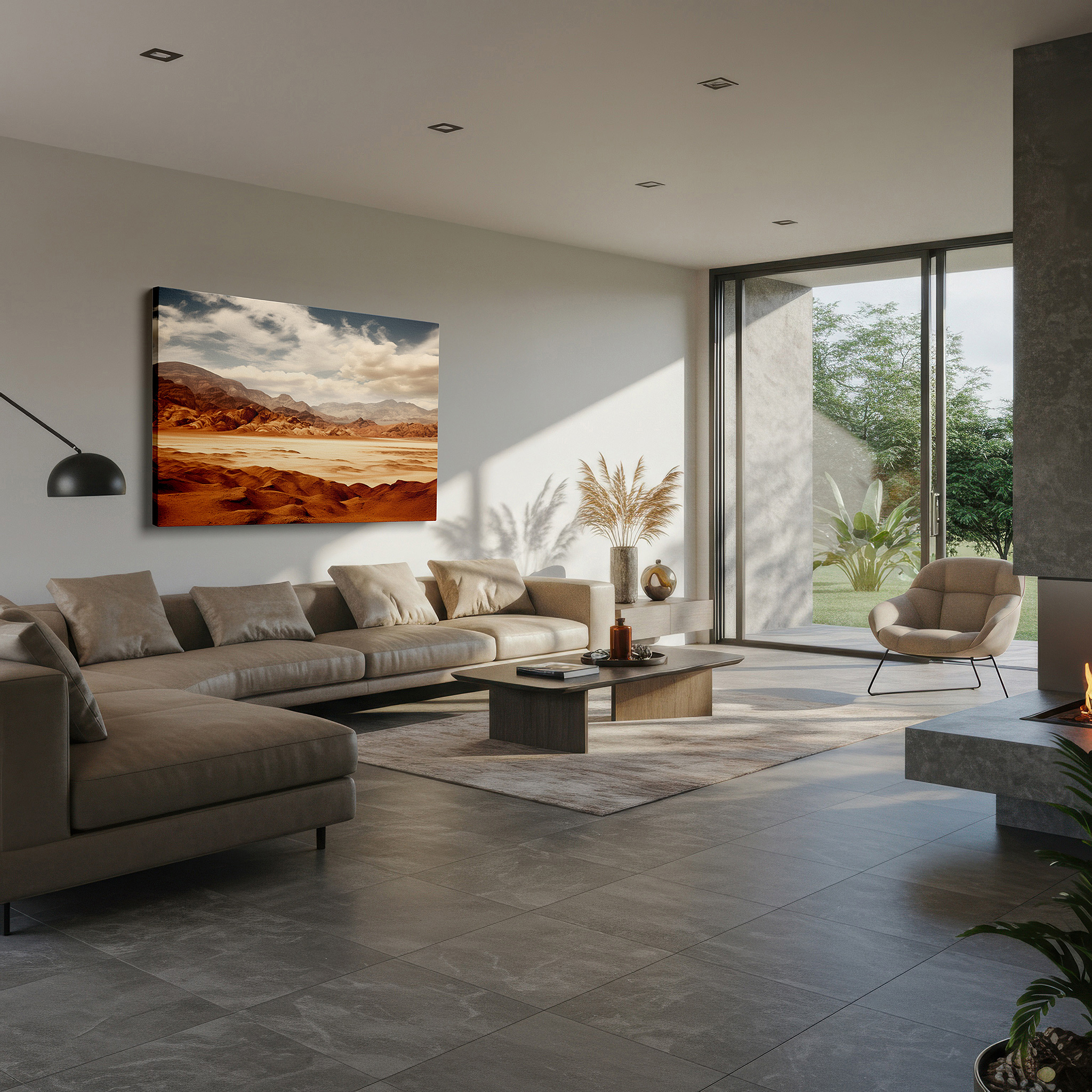 Balanced between two tall indoor plants near a window — expansive desert and mountain landscape with dramatic sky - large canvas wall art for office and bedroom decor