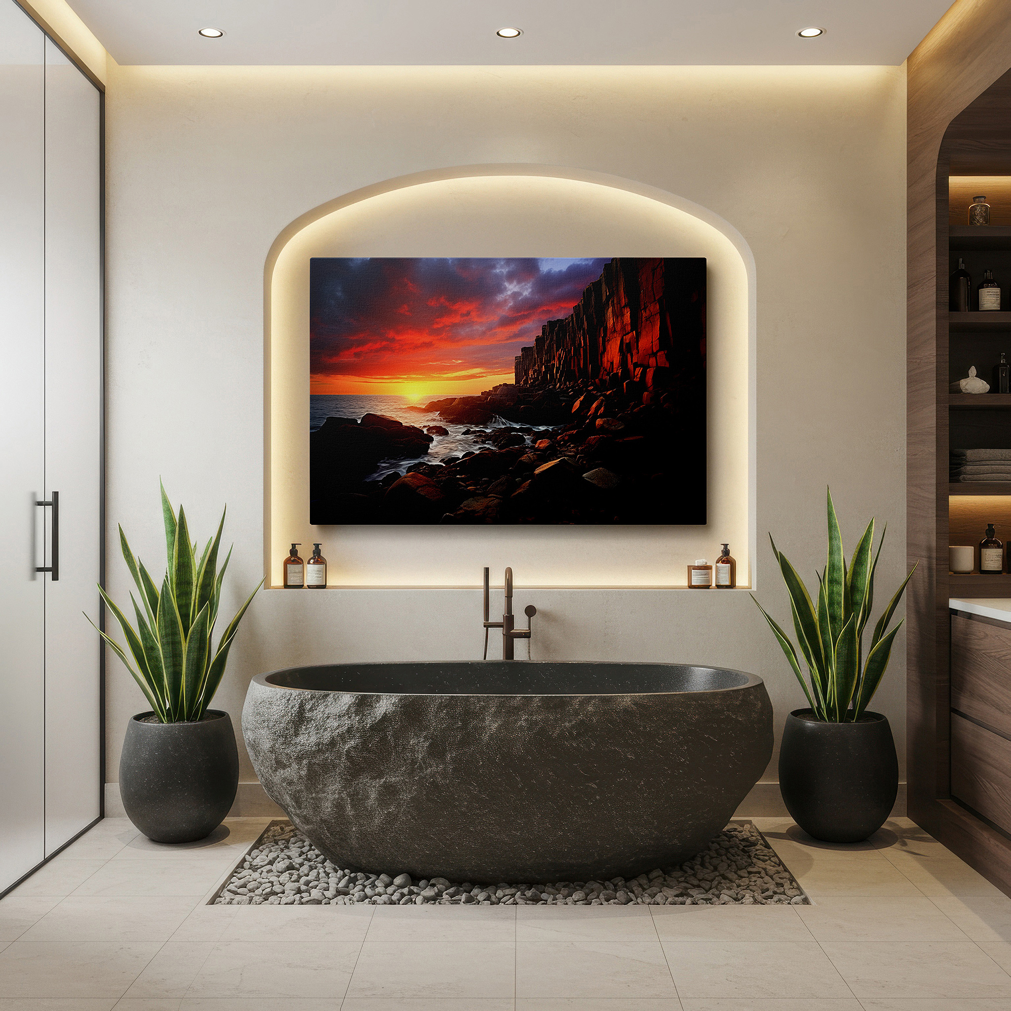 Balanced between two tall indoor plants near a window — fiery sunset over rugged coastline, dramatic sky and formidable rocks large wall art, canvas wall art, wall decor for office and bedroom