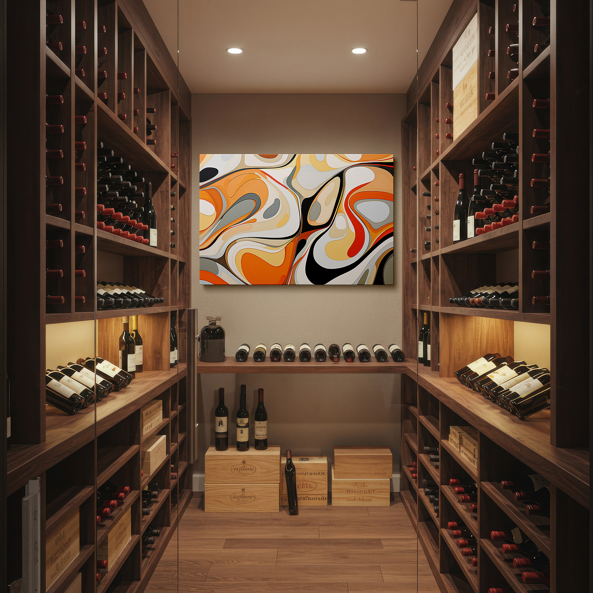 Balanced between two tall indoor plants near a window — fluid organic shapes in warm orange and creamy white, featuring a symphony of curves and swirls, large wall art, canvas wall art, wall decor for office