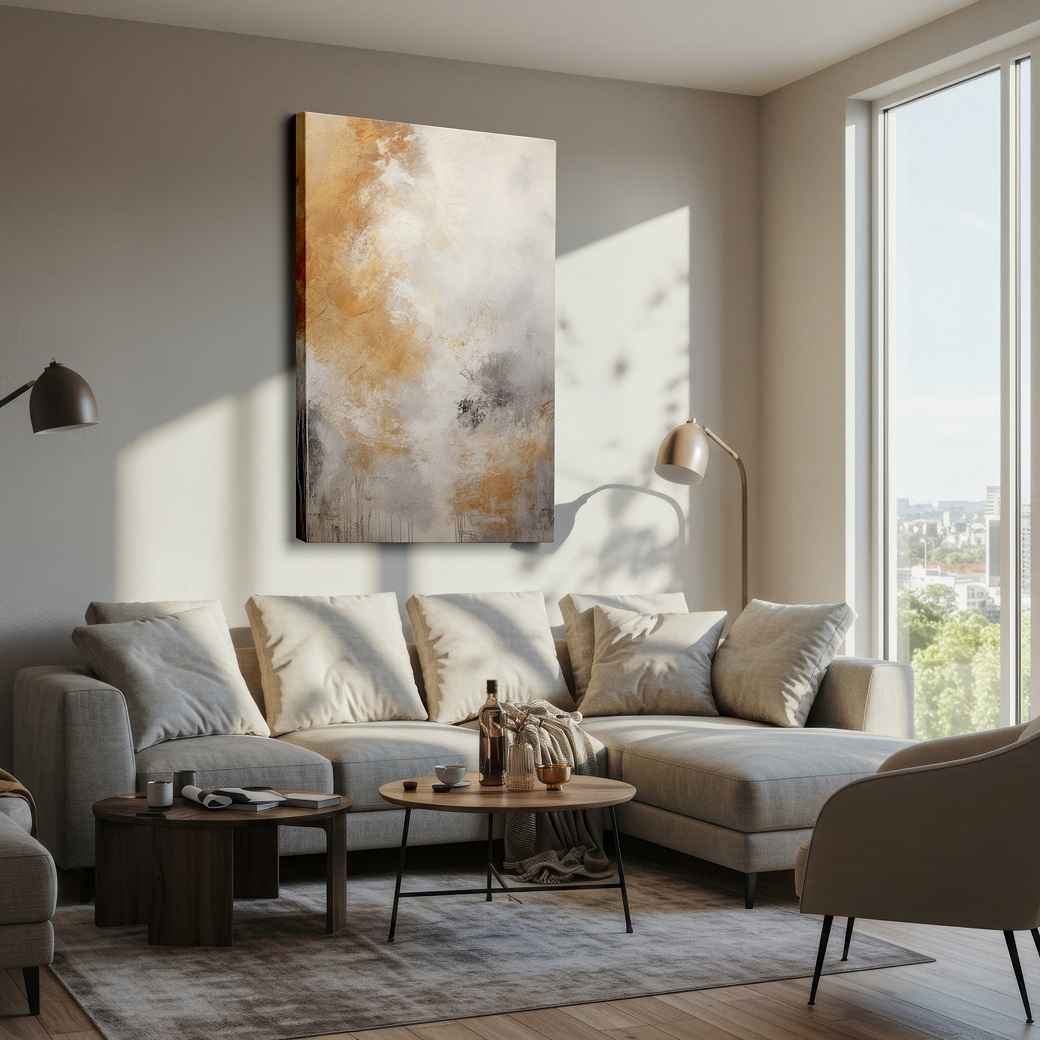 Balanced between two tall indoor plants near a window — golden dawn tranquility: earthy textures and serene tones large wall art, canvas wall art, wall decor for office and bedroom
