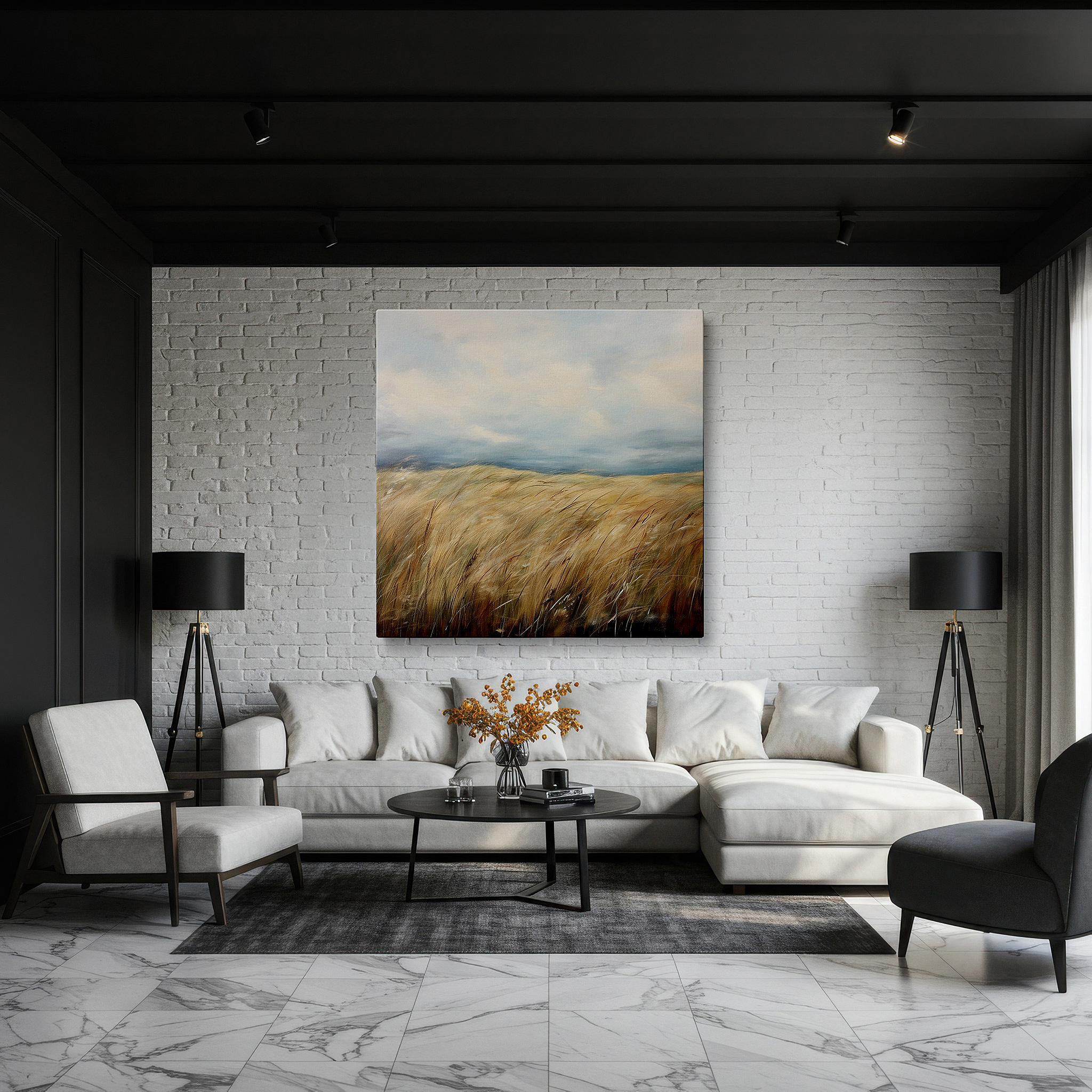Balanced between two tall indoor plants near a window — golden grasses beneath a gentle blue sky - abstract impressionist serenity, large canvas wall art for home and office decor