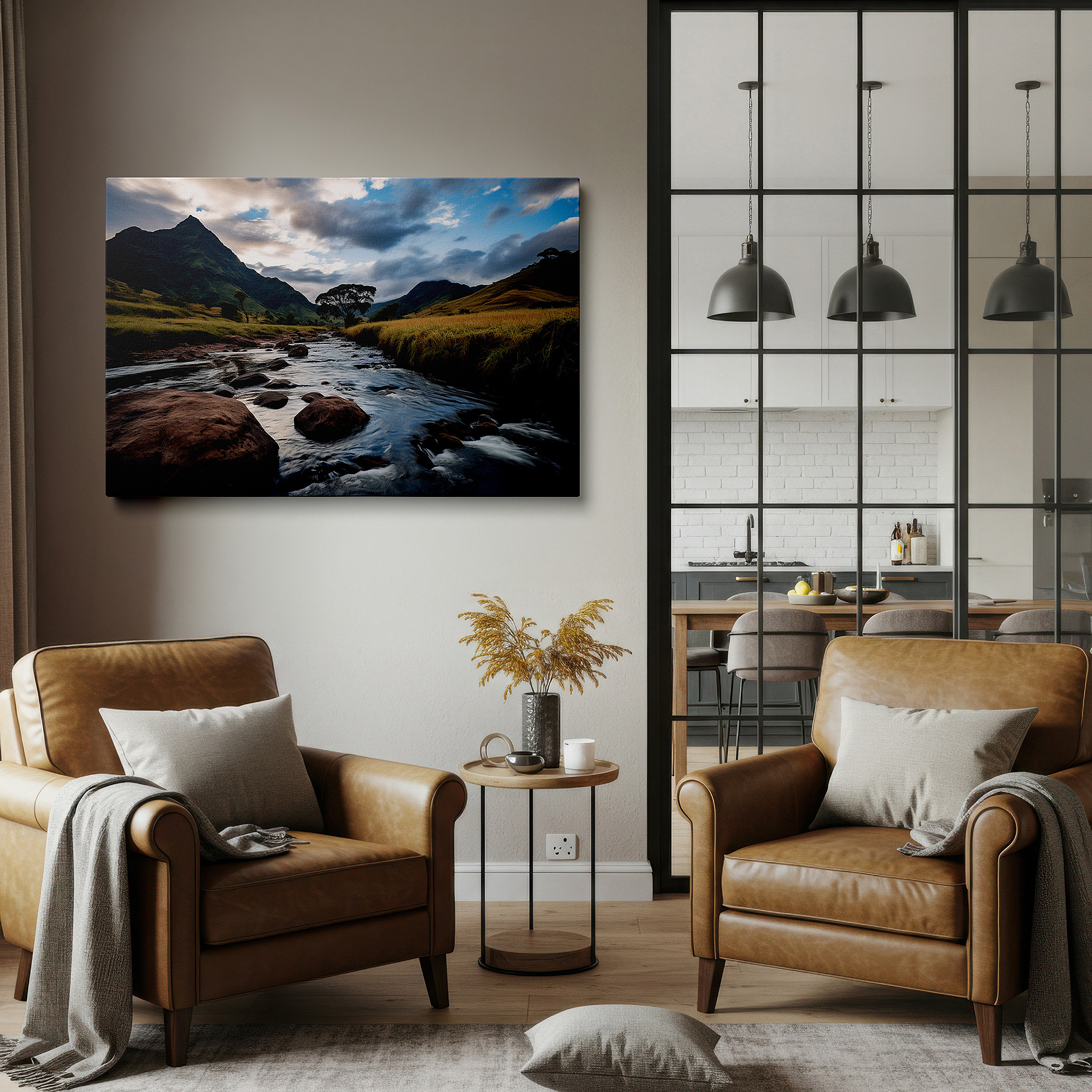 Balanced between two tall indoor plants near a window — golden grasslands at twilight with meandering stream and dynamic sunset sky - large canvas wall art for office decor