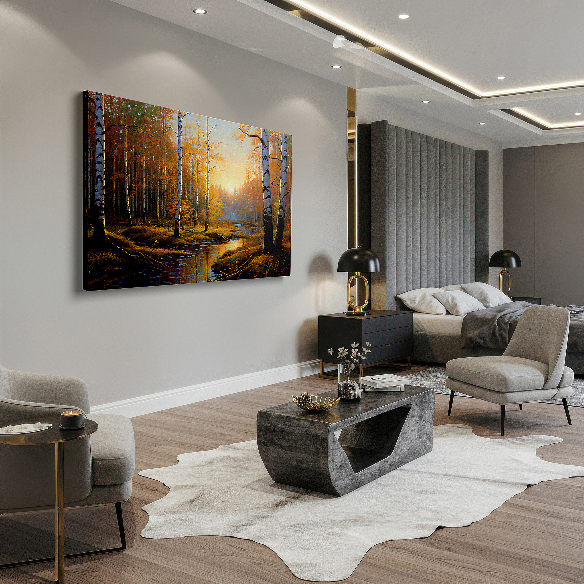 Balanced between two tall indoor plants near a window — golden hour glow over tranquil birch forest with fiery autumn leaves reflecting in a serene stream - large canvas wall art