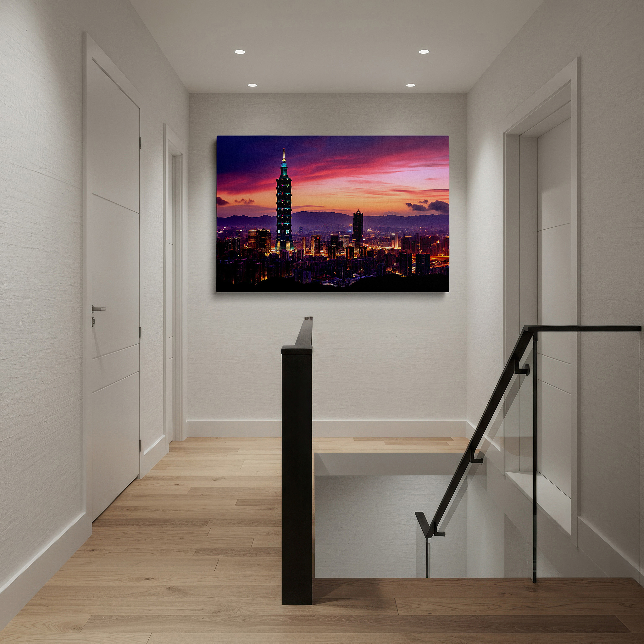 Balanced between two tall indoor plants near a window — golden splendor of taipei 101 amidst a luminous cityscape at night - large wall art, canvas wall art, wall art decor for office and bedroom
