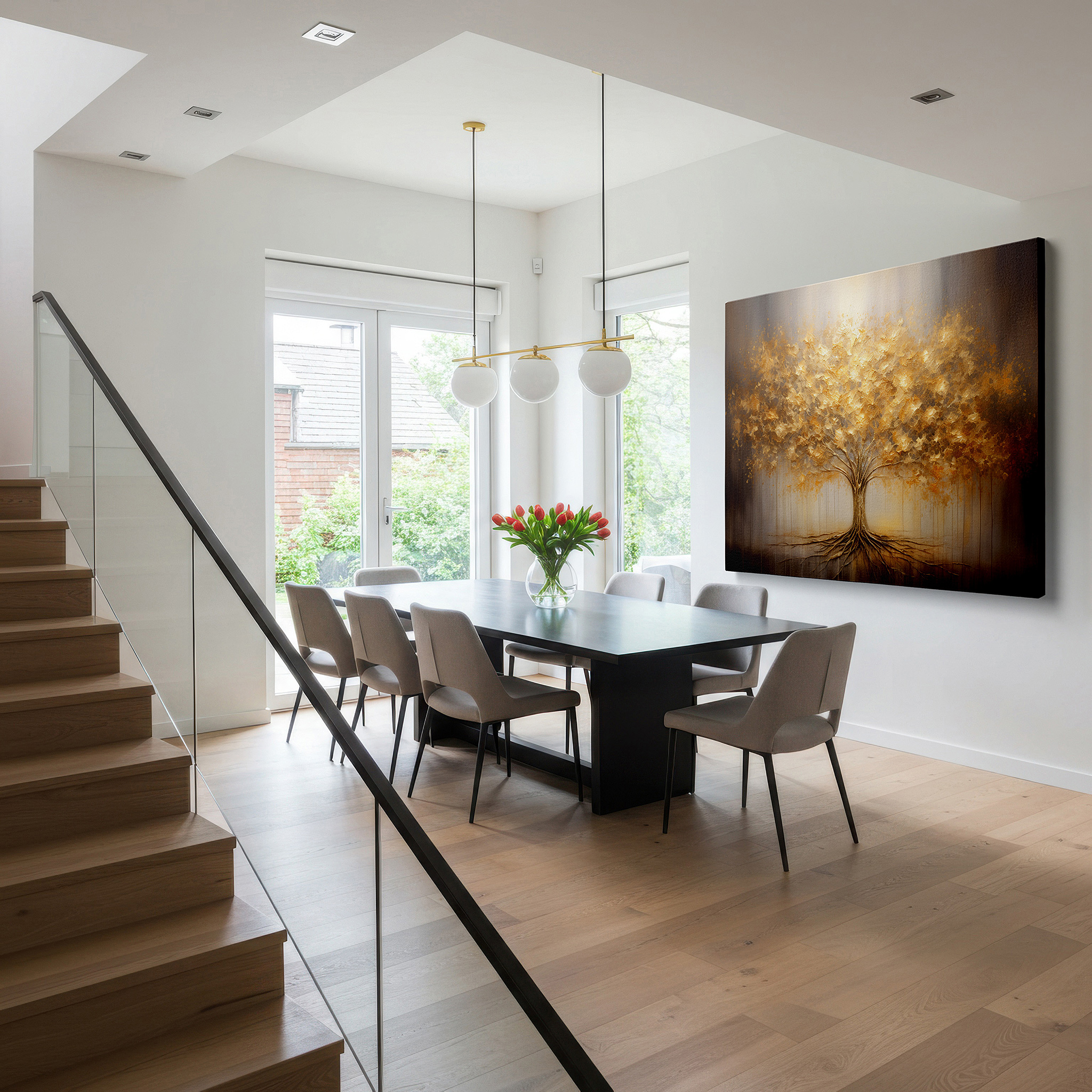 Balanced between two tall indoor plants near a window — golden tree of life and prosperity radiant large canvas wall art for office, bedroom, and living room decor