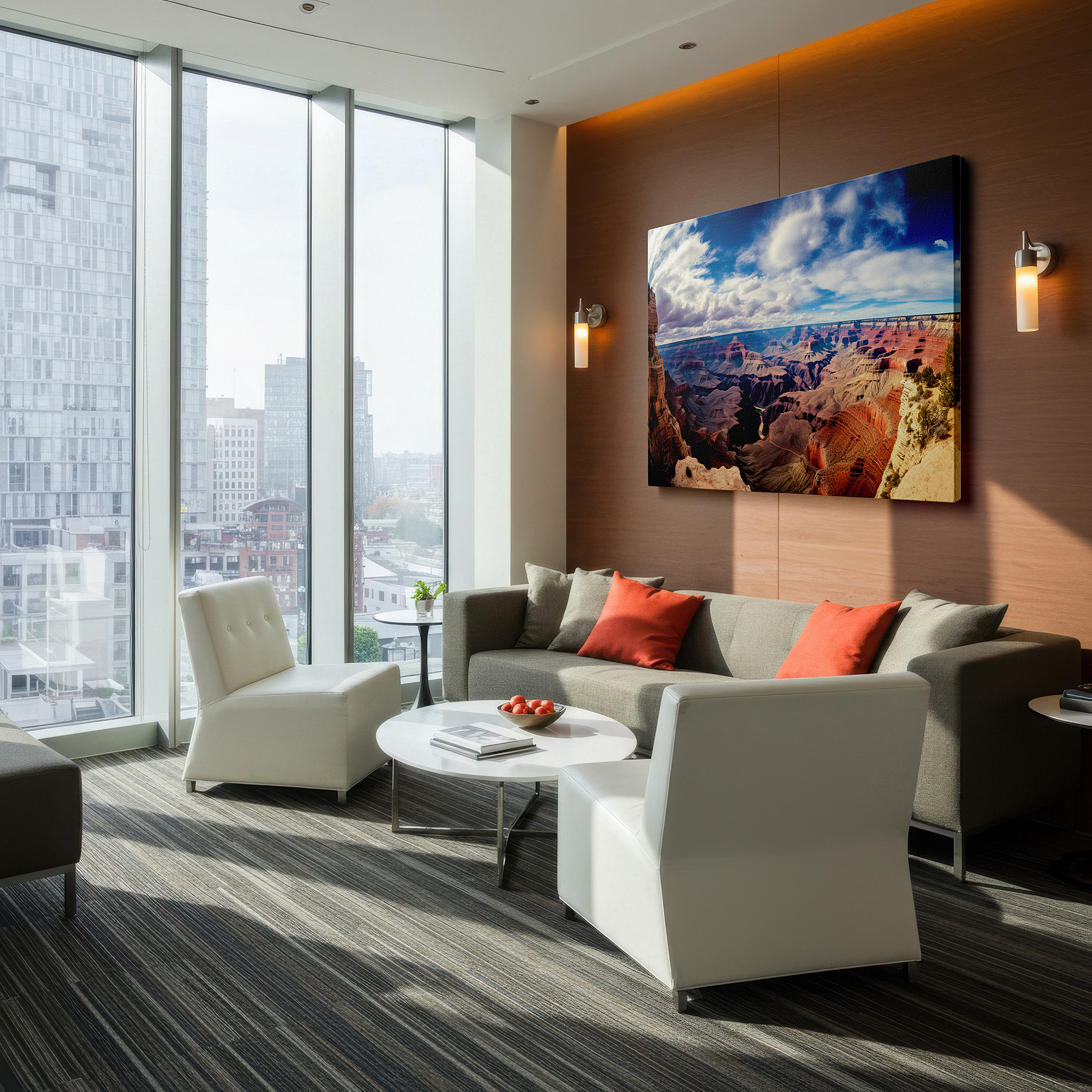 Balanced between two tall indoor plants near a window — grand canyon inspired wall art: a panoramic homage to nature's endurance and splendor - ideal for home and office decor, including large canvas prints