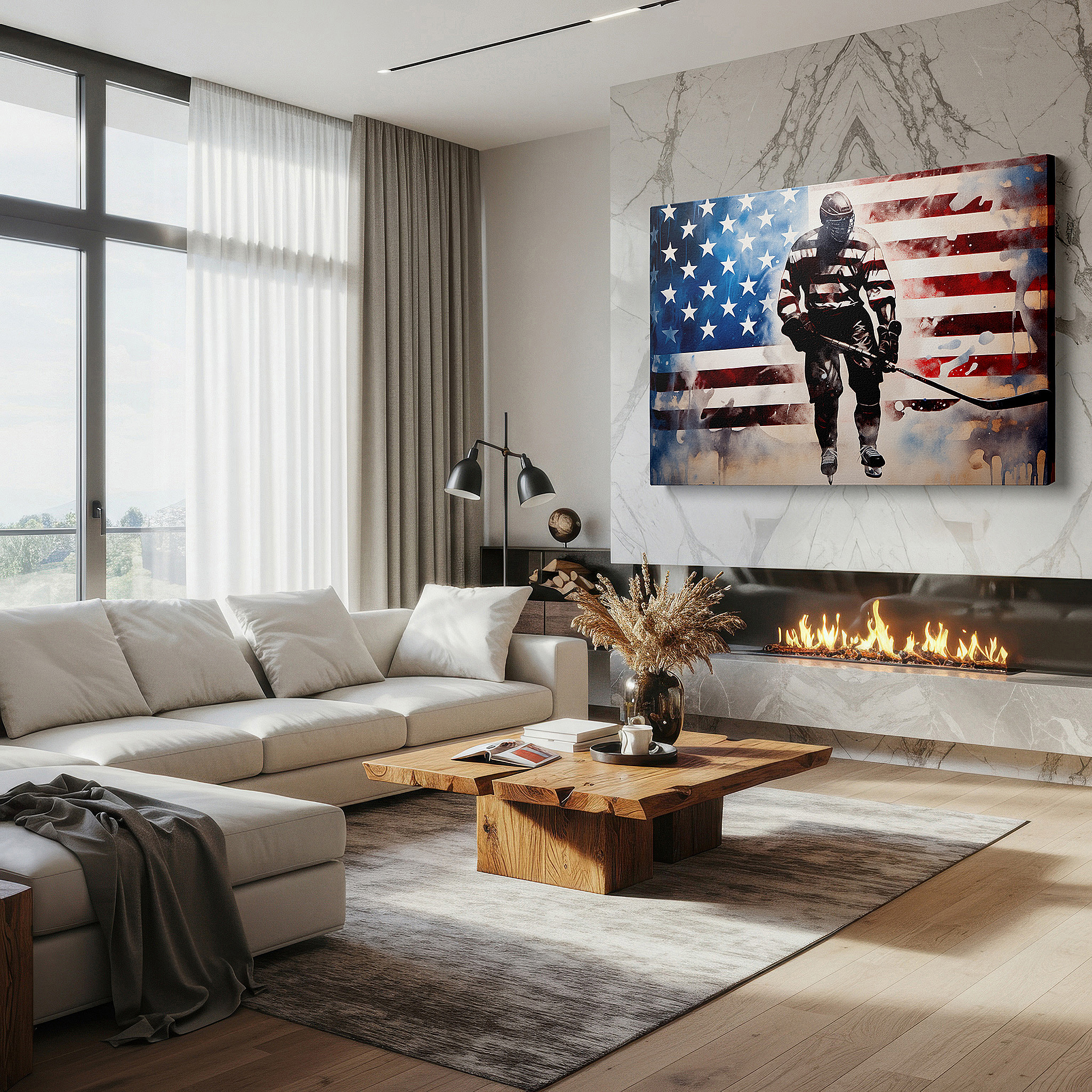Balanced between two tall indoor plants near a window — hockey player with american flag - celebrating sport and patriotism large wall art, canvas wall art, wall decor, office wall art
