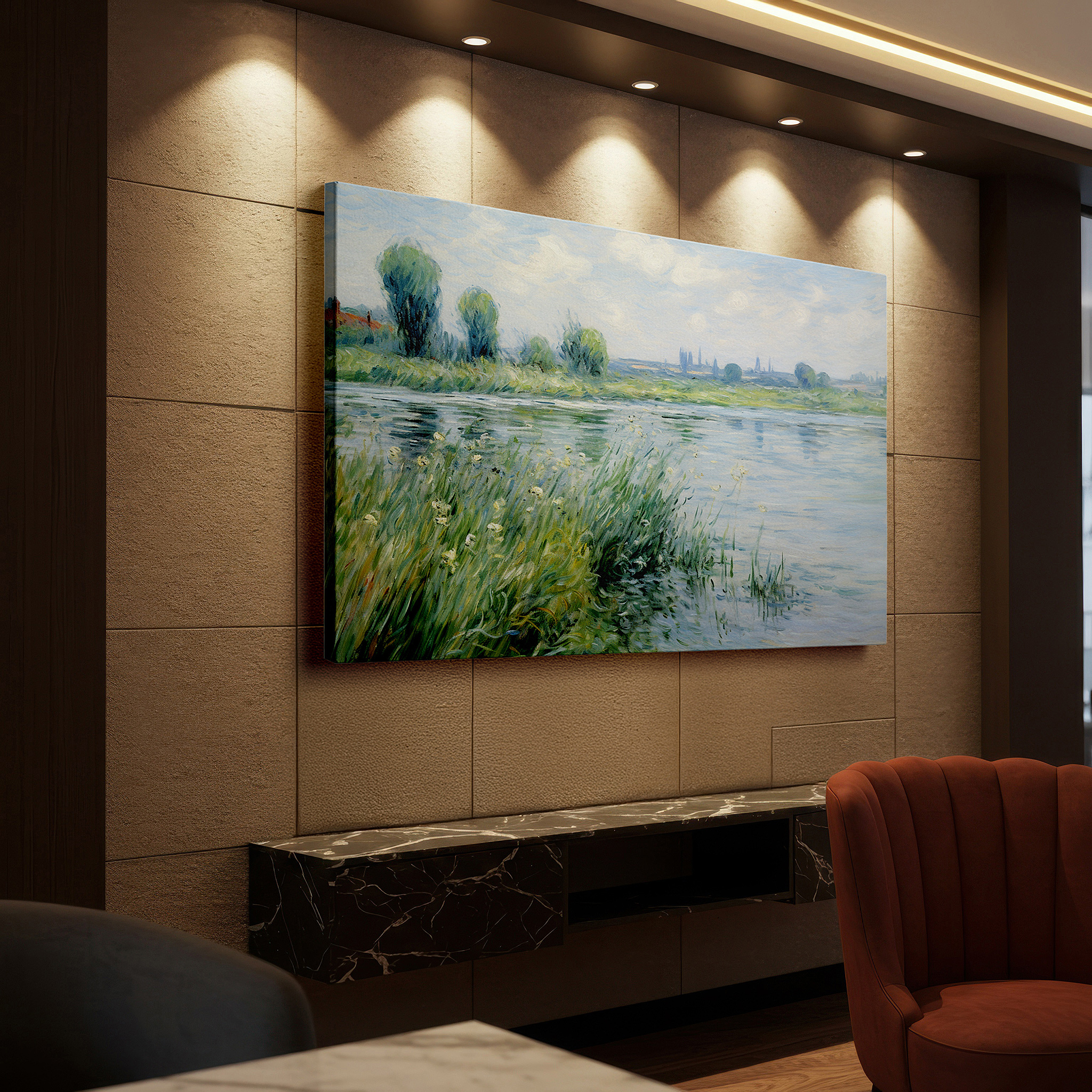 Balanced between two tall indoor plants near a window — idyllic countryside serenity and timeless rural charm beneath an expansive blue sky large wall art, canvas wall art, wall decor, office wall art
