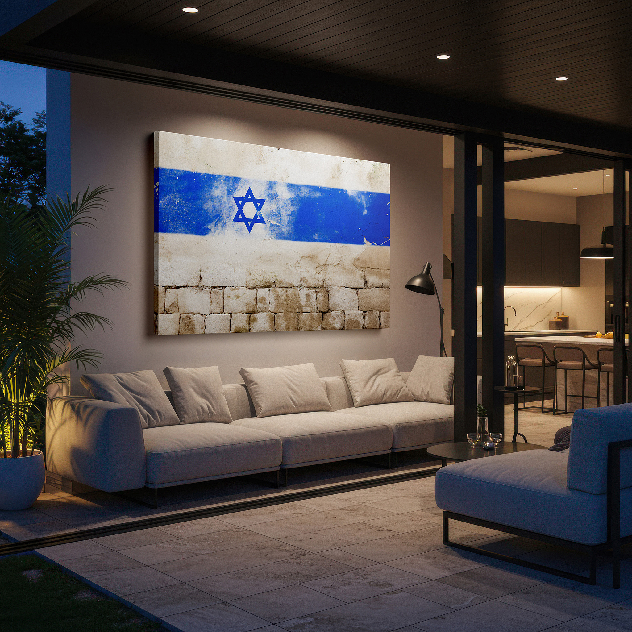 Balanced between two tall indoor plants near a window — israel's flag displayed on aged wall representing national strength and pride: large wall art, canvas, decor for office and bedroom