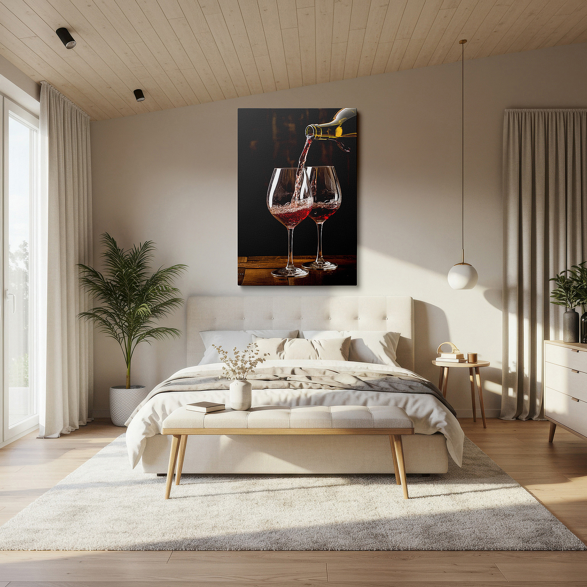 Balanced between two tall indoor plants near a window — luxurious wall art featuring red wine pouring into elegant glasses, celebrating indulgence and craftsmanship, large canvas wall decor