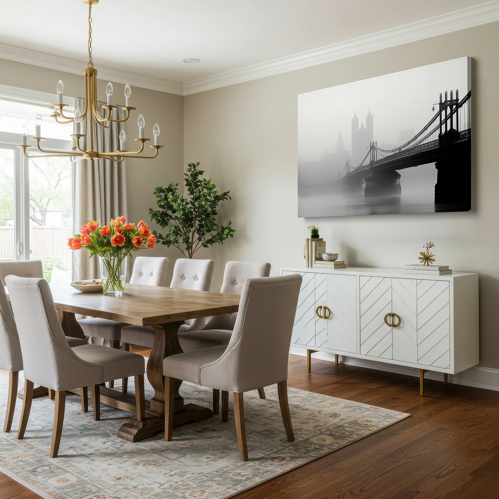 Balanced between two tall indoor plants near a window — majestic bridge in mist - monochrome urban silhouette large wall art, canvas wall art, wall decor for office, bedroom, and living room
