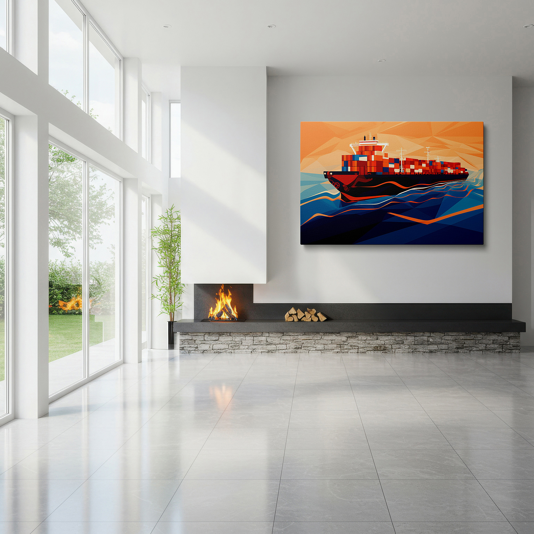 Balanced between two tall indoor plants near a window — majestic cargo ship canvas wall art: tranquil ocean waves at sunset for office, bedroom, and home decor