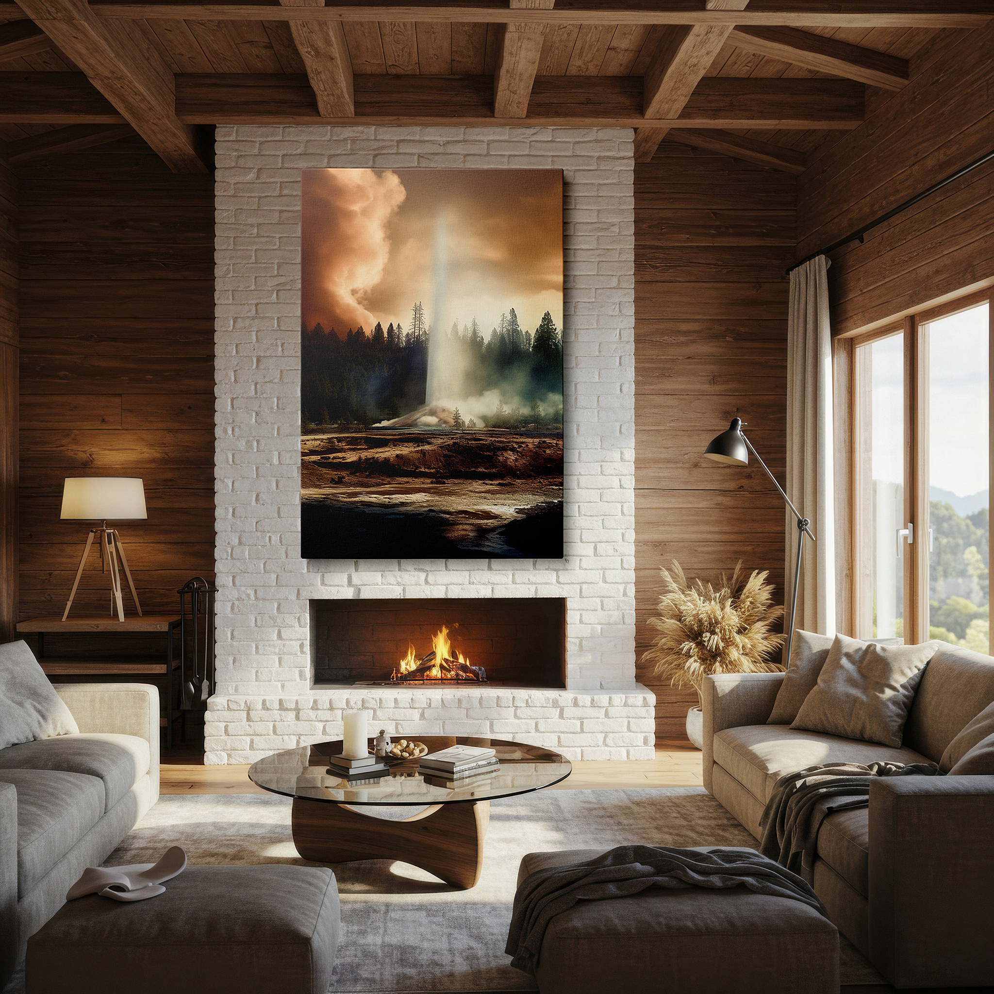 Balanced between two tall indoor plants near a window — majestic geyser eruption wall art featuring towering pines and stormy skies for office, bedroom, and living room decor