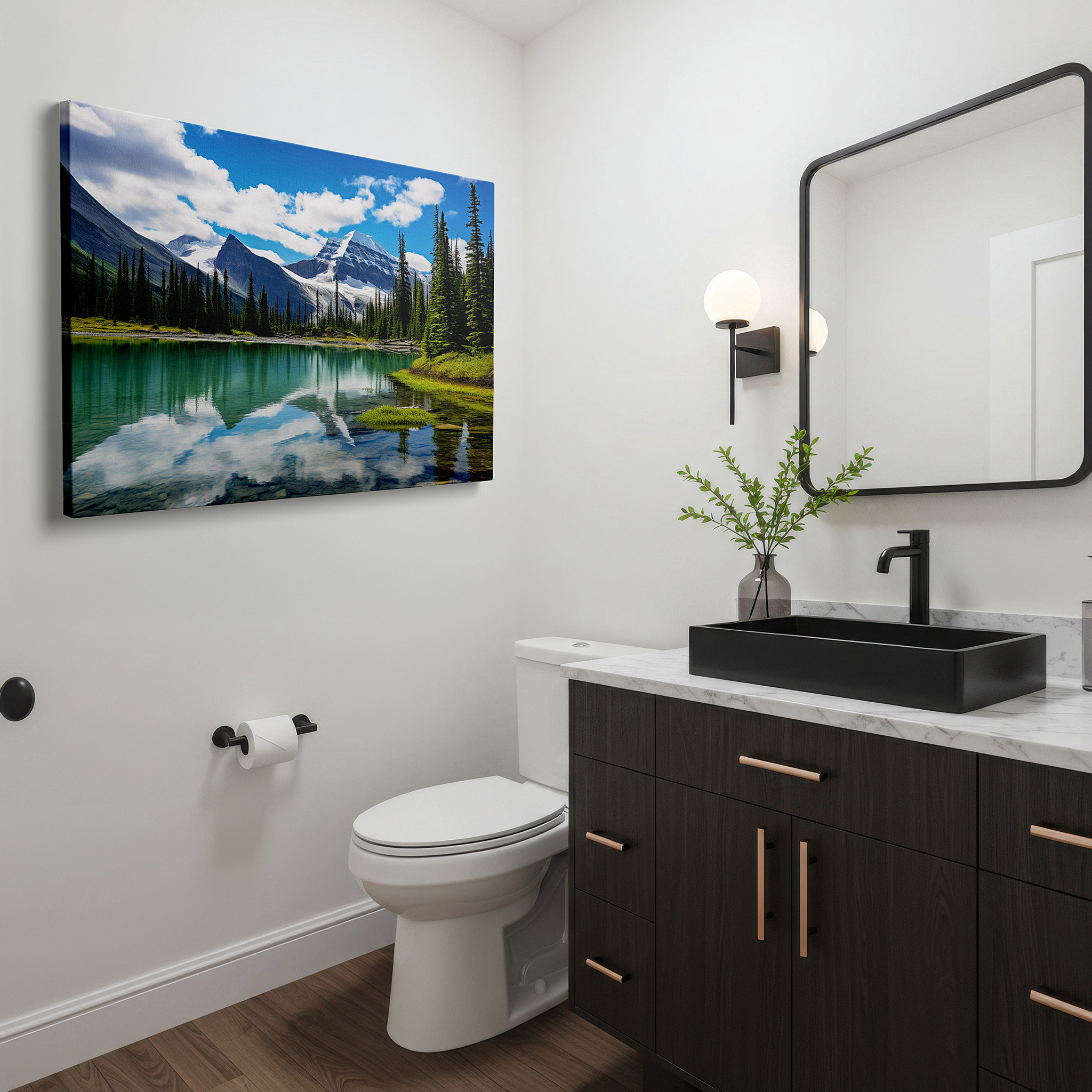 Balanced between two tall indoor plants near a window — majestic mountain peaks and serene lake reflections: large canvas wall art for office, bedroom, and living room decor