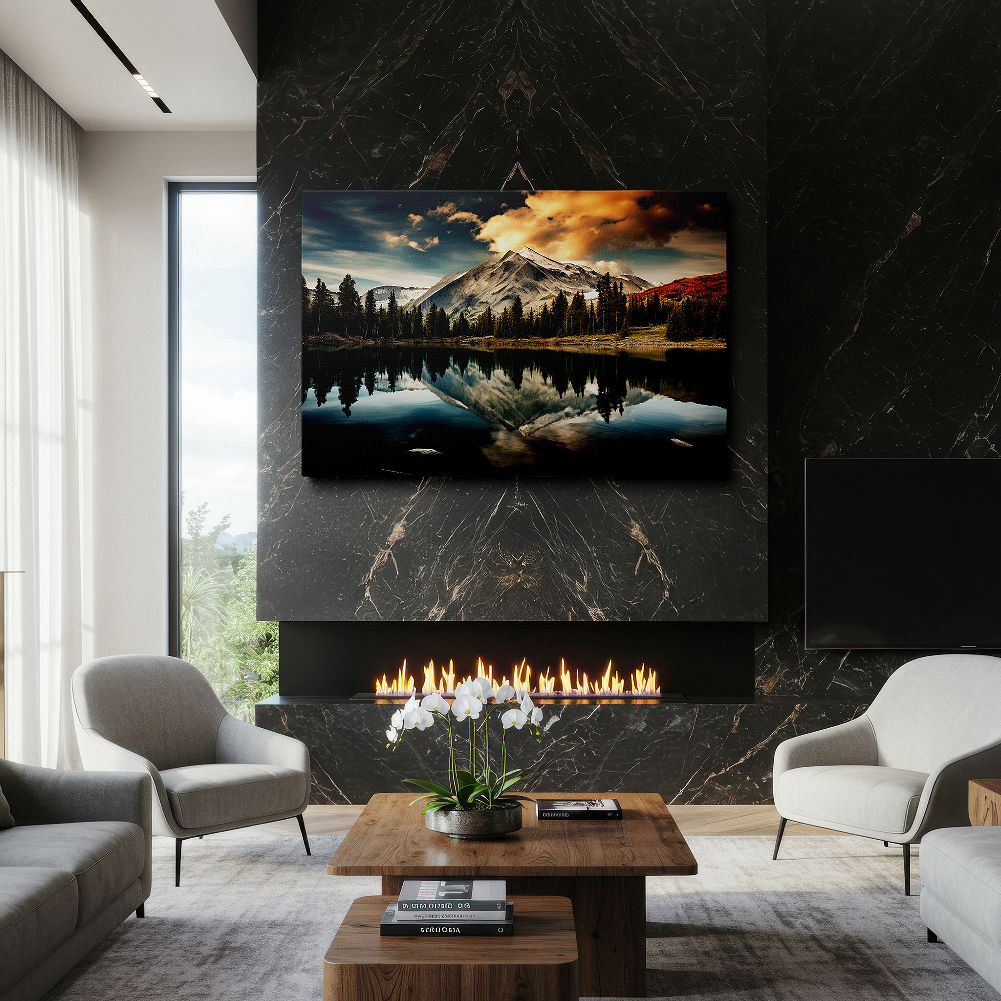 Balanced between two tall indoor plants near a window — majestic mountains and serene lake reflections at dawn - large canvas wall art for office and bedroom decor