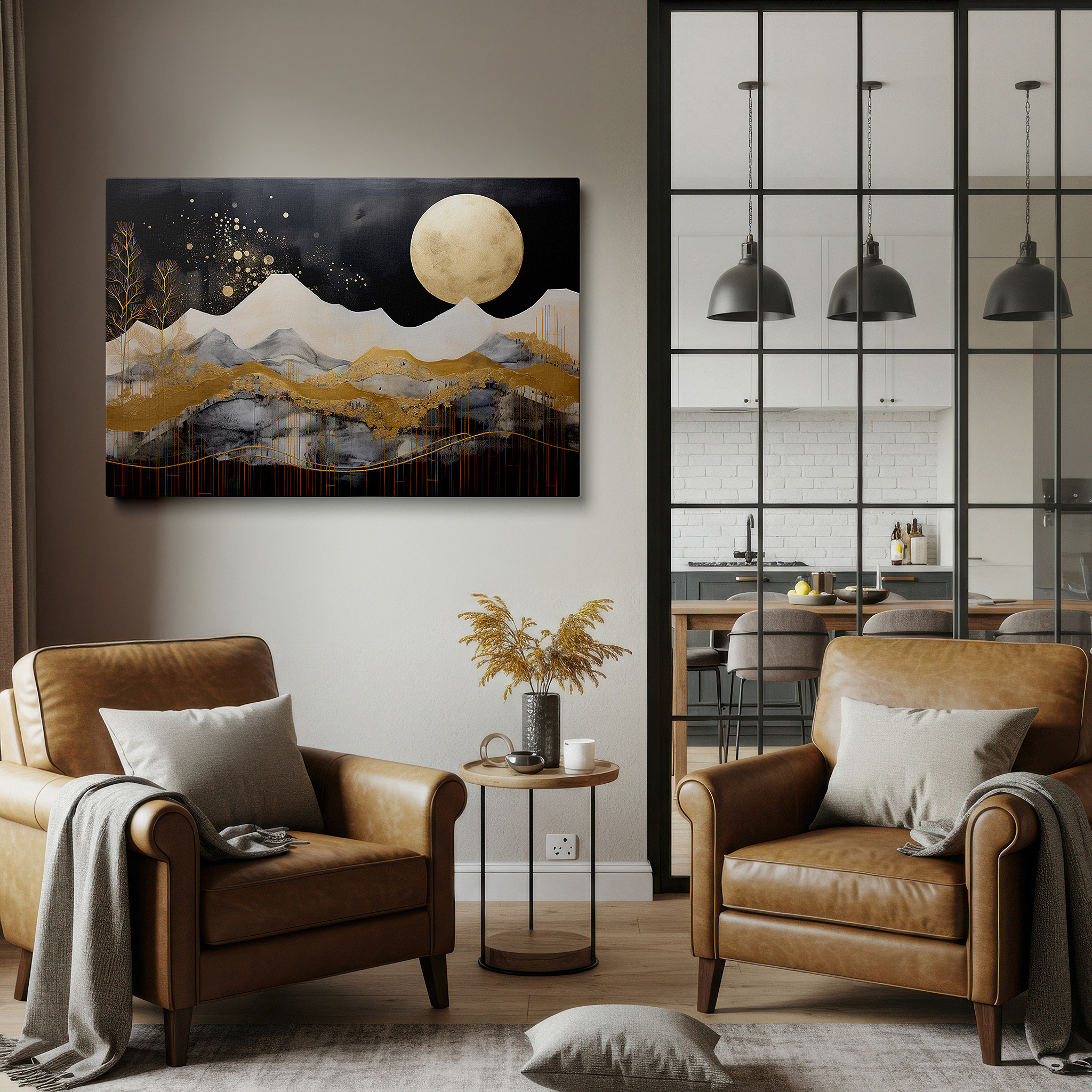 Balanced between two tall indoor plants near a window — majestic peaks and golden moonlight: a symphony of nature and cosmos - abstract large wall art, canvas wall art, wall decor for offices