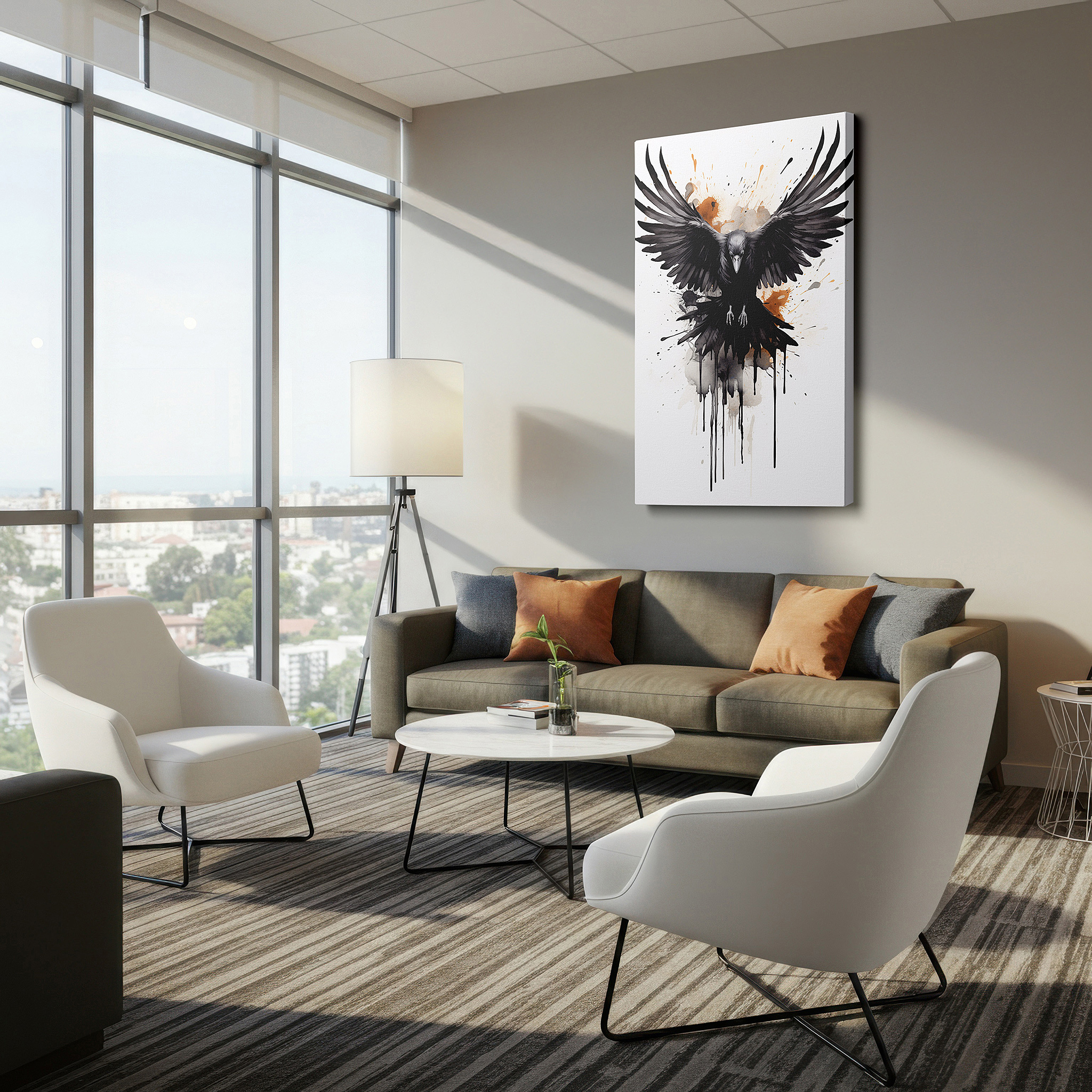 Balanced between two tall indoor plants near a window — majestic raven in flight depicting freedom and power against a stormy abstract sky - large canvas wall art for office decor