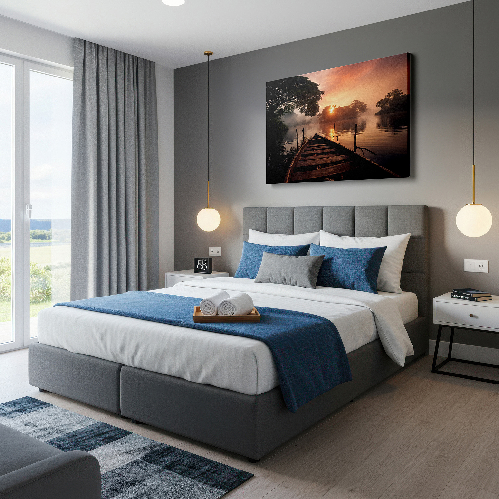 Balanced between two tall indoor plants near a window — misty sunrise over tranquil lake featuring rustic boat and ethereal light - large canvas wall art for office and bedroom decor