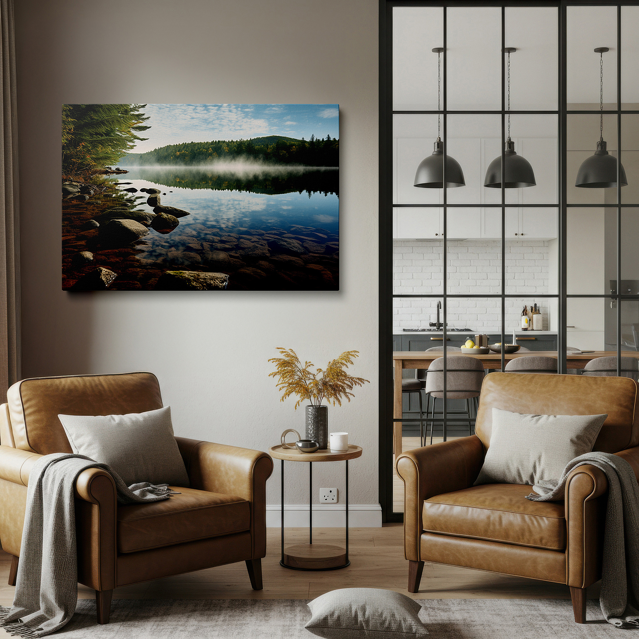 Balanced between two tall indoor plants near a window — morning's soft clasp: serene lake surrounded by verdant woods in early light - oversized wall art, canvas art, home and office decor