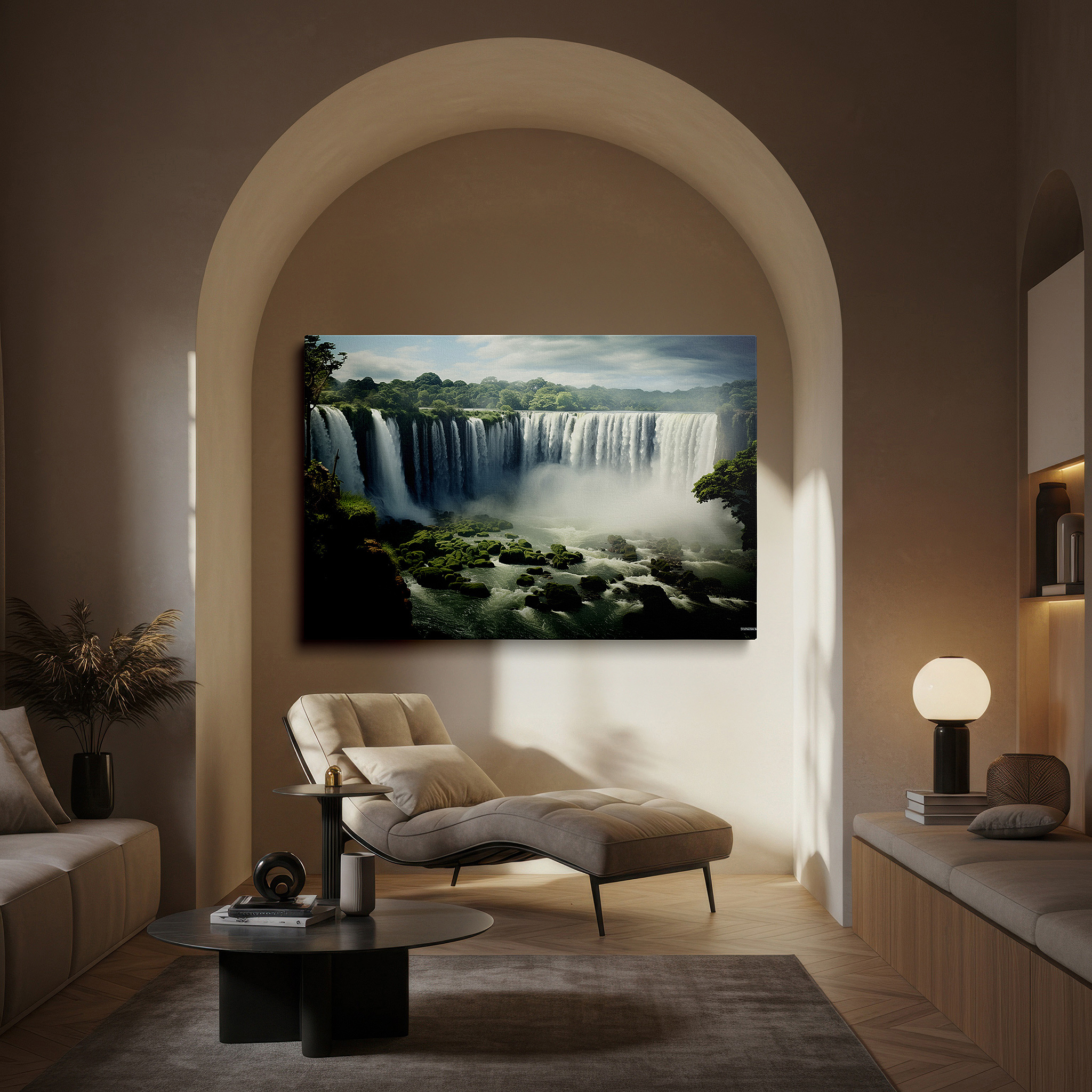 Balanced between two tall indoor plants near a window — moss-covered cliffs and hidden waterfalls: a tranquil symphony of water and greenery large wall art, canvas wall art, wall decor for offices