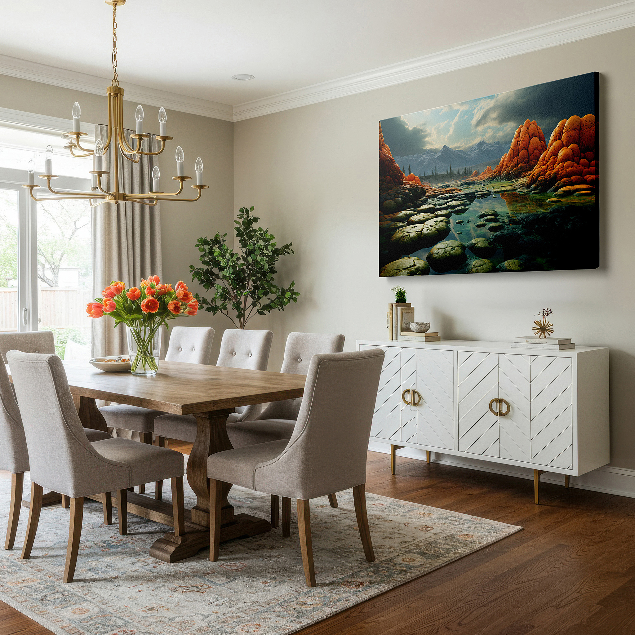 Balanced between two tall indoor plants near a window — mystical landscape featuring curved rock structures and foggy hot springs, large canvas wall art for home and office decor