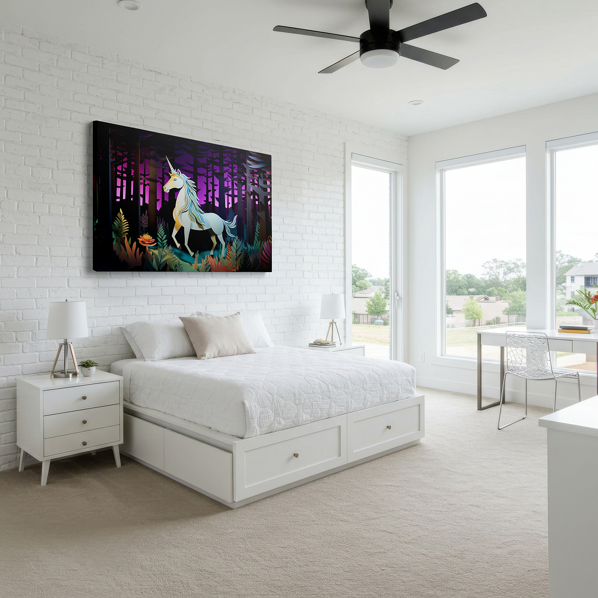 Balanced between two tall indoor plants near a window — mystical unicorn in an enchanted forest, magical vision and dream-themed large wall art, canvas wall art for office and bedroom decor