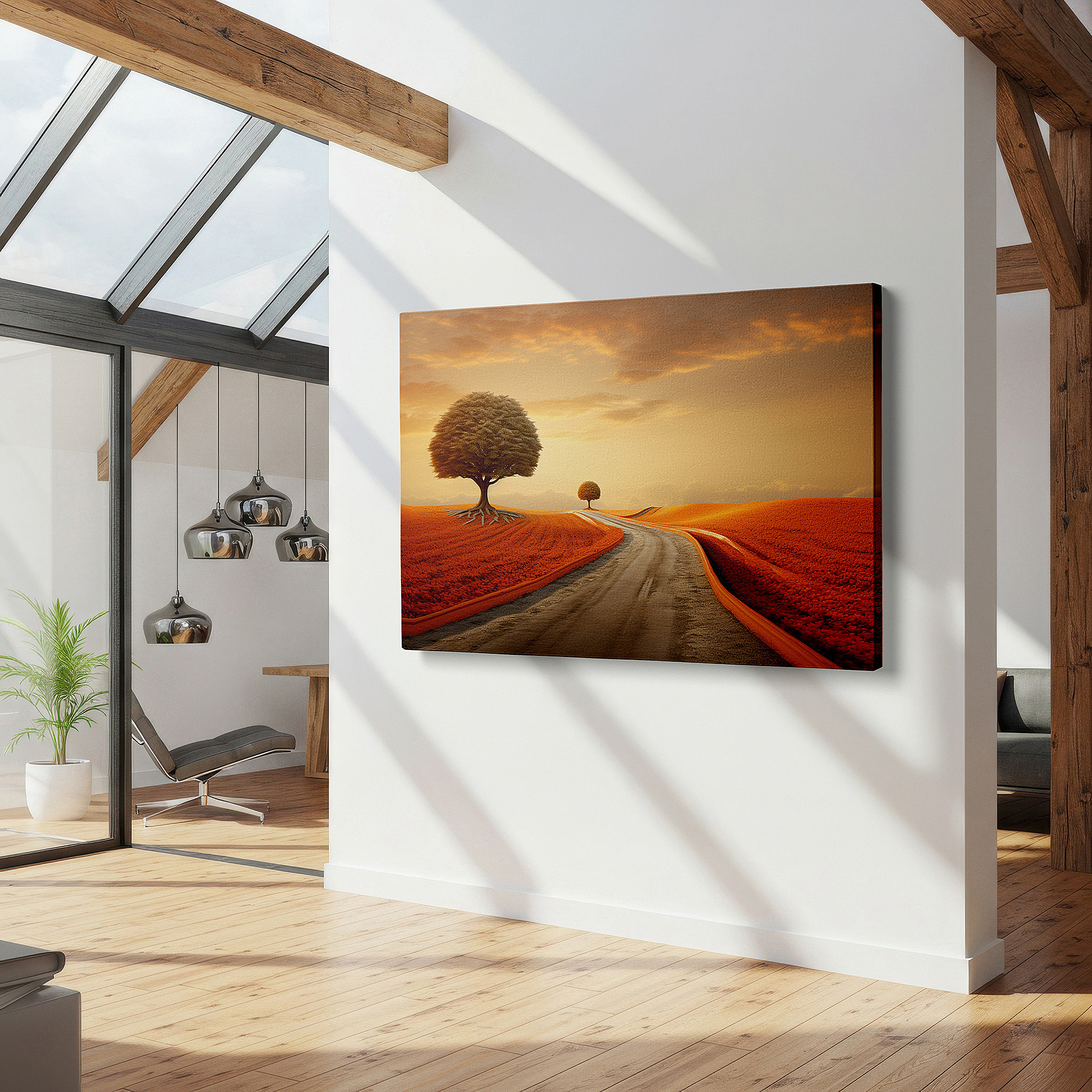Balanced between two tall indoor plants near a window — nature's palette journey - sunset glow on a winding road large canvas wall art for home and office decor
