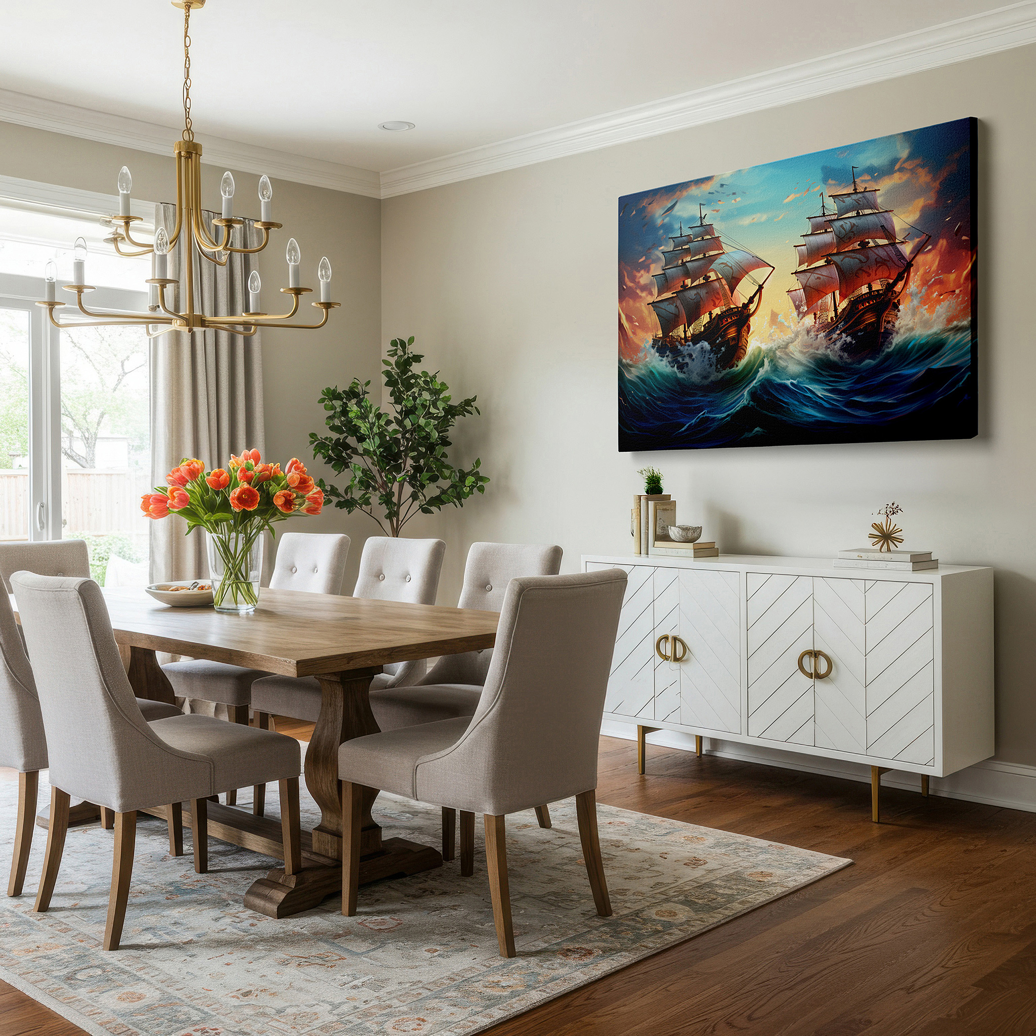 Balanced between two tall indoor plants near a window — naval battle excellence: stunning maritime combat scene, oversized canvas wall art for home and office decor
