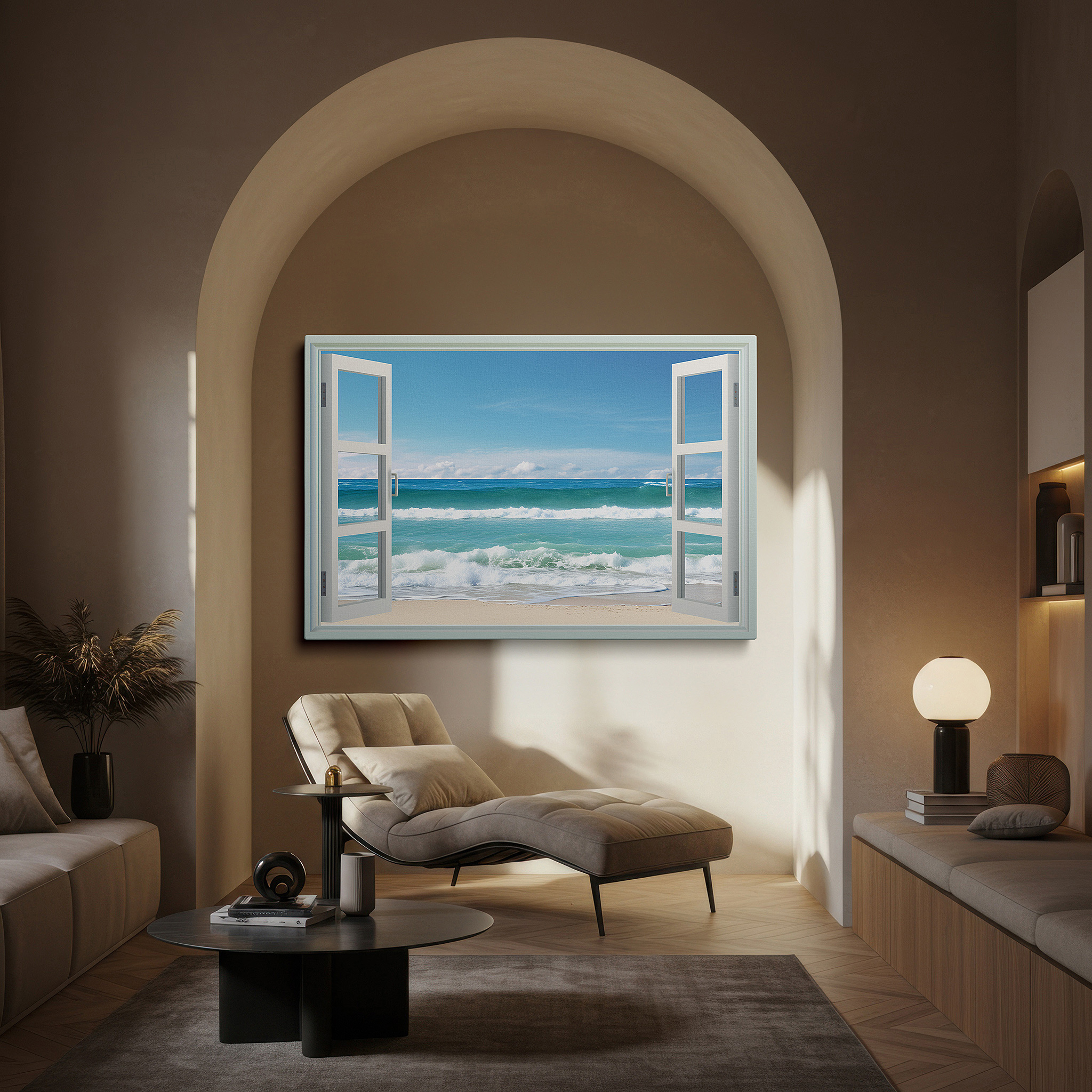 Balanced between two tall indoor plants near a window — ocean waves and open windows - serene coastal large wall art, canvas decor for office and bedroom