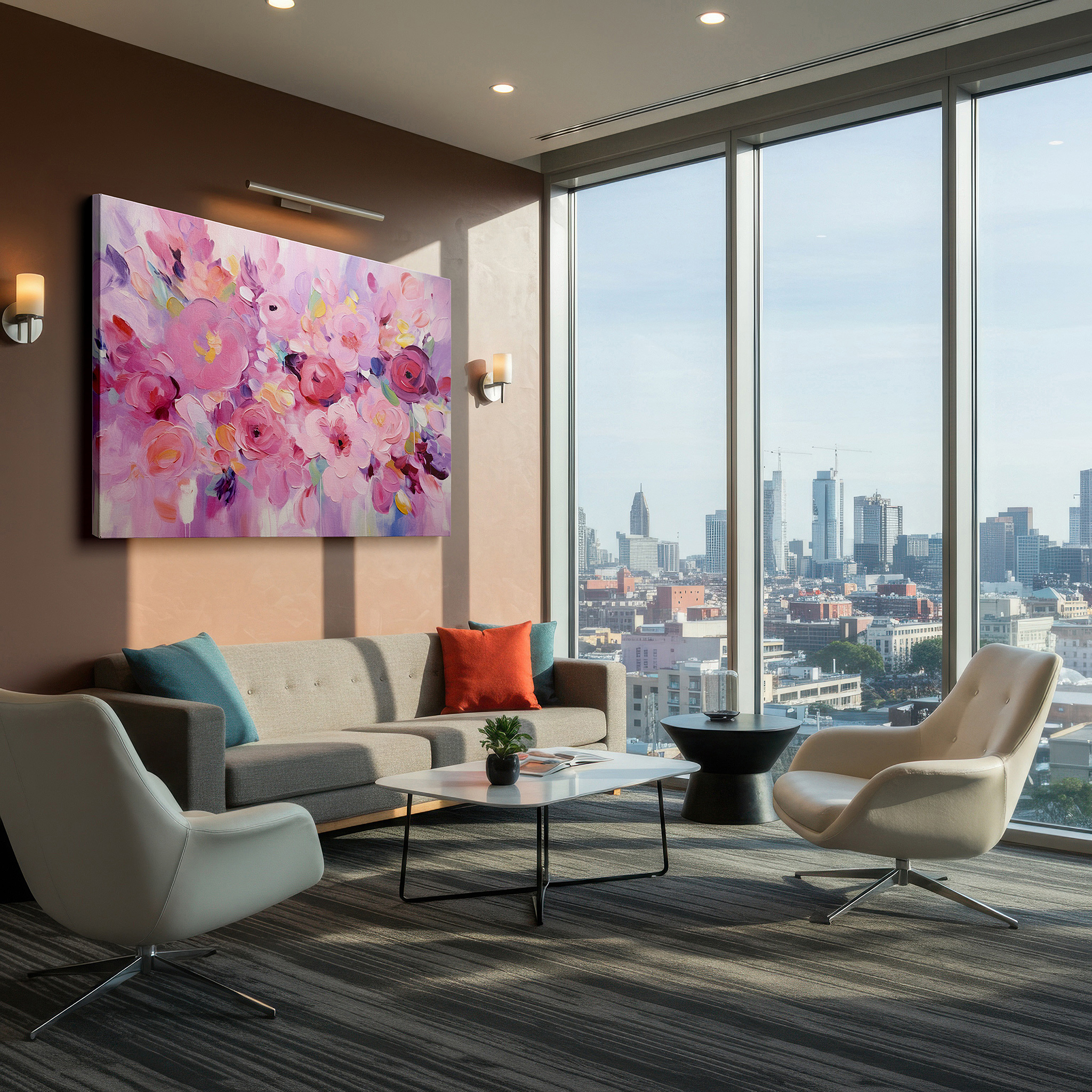 Balanced between two tall indoor plants near a window — pink and red flowers wall art: celebrating nature's delicate beauty - large canvas for office and bedroom decor