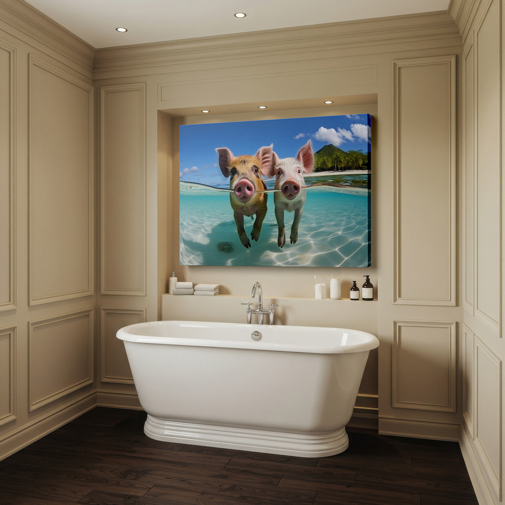 Balanced between two tall indoor plants near a window — playful piglets frolic in tropical waters: a vivid display of joy and whimsy - large wall art, canvas wall art, wall decor for office and bedroom
