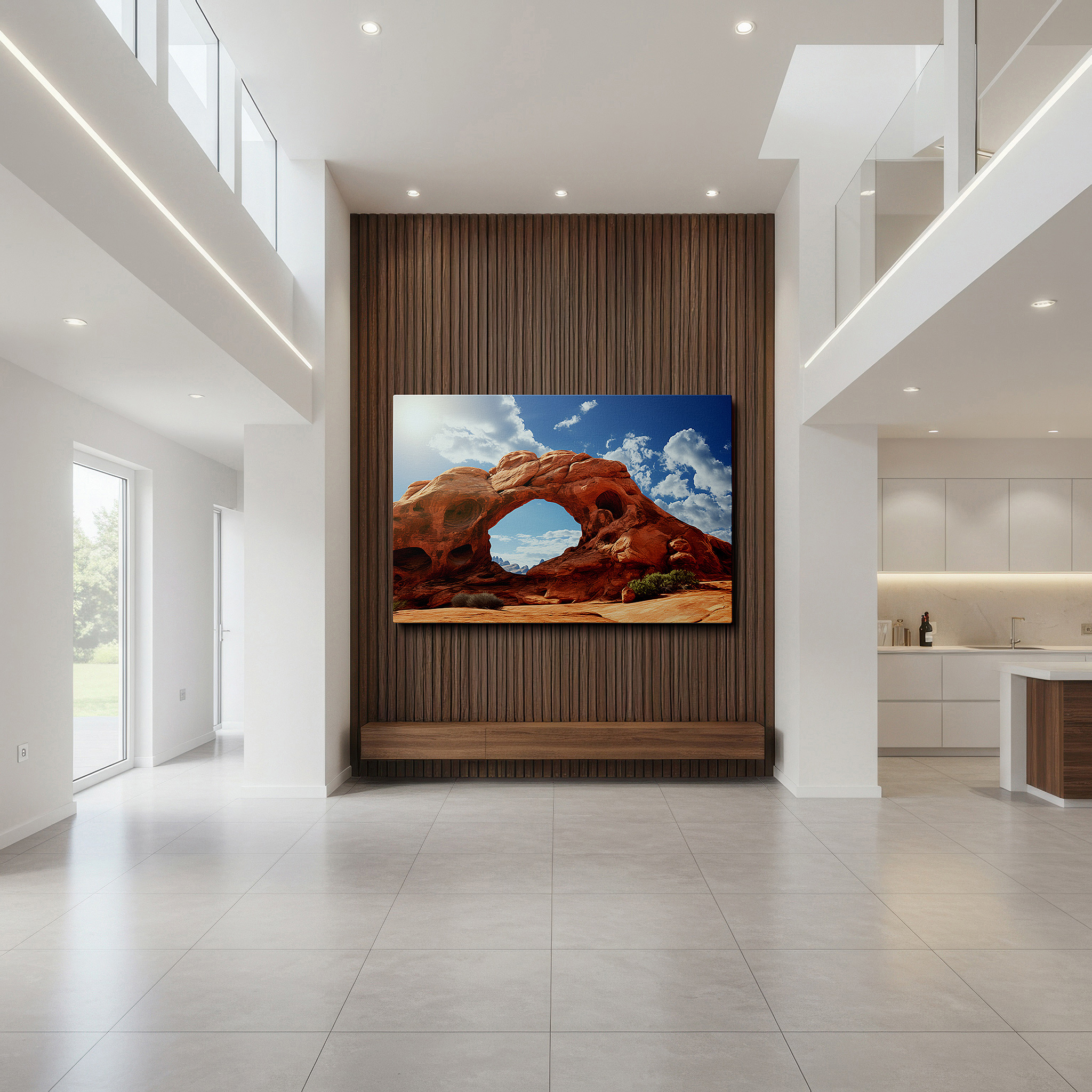 Balanced between two tall indoor plants near a window — red rock arch majestically framed by a bright blue sky: a tribute to the transformative power of nature - large wall art, canvas wall art, wall decor for office