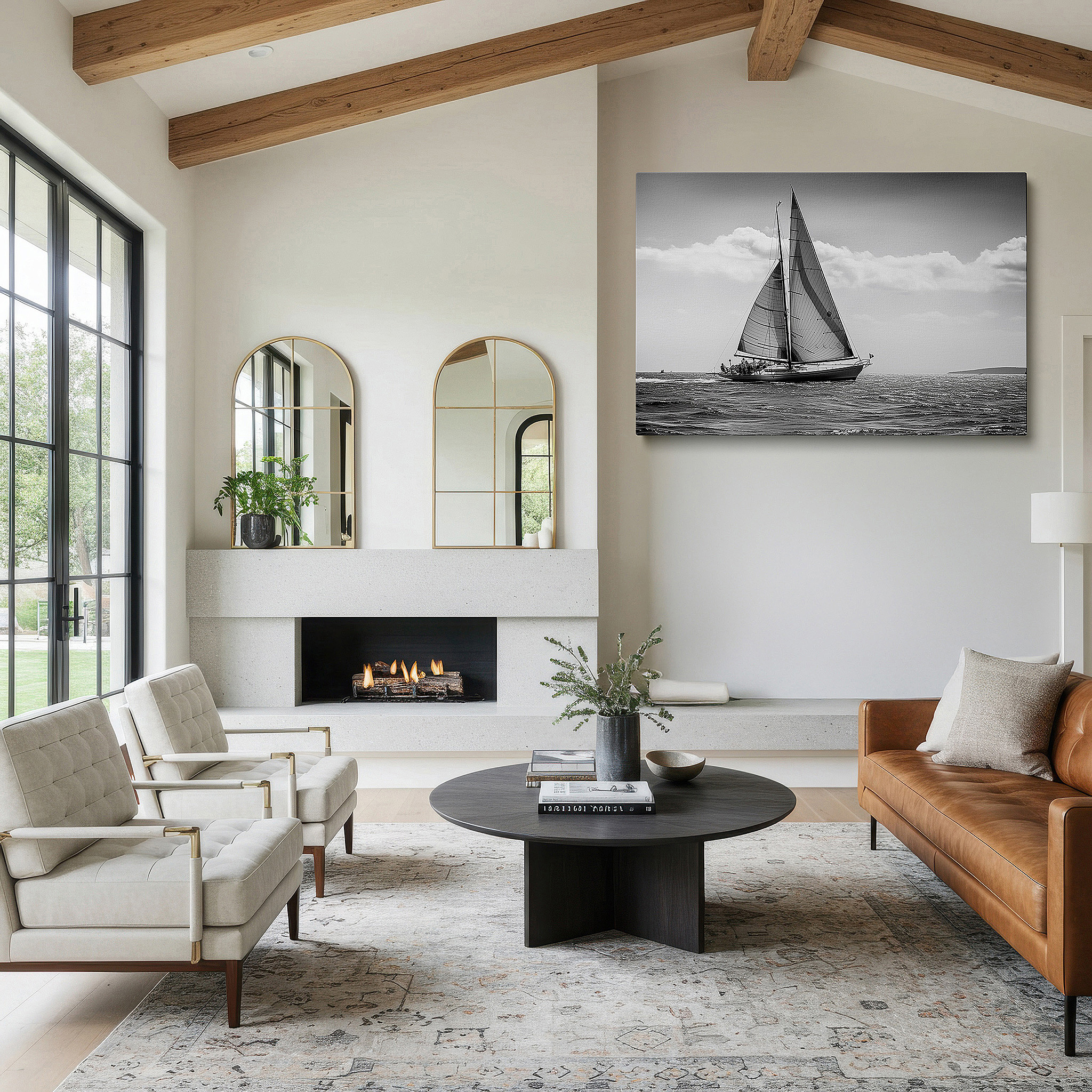 Balanced between two tall indoor plants near a window — sailing into solitude - a monochrome voyage of tranquility and reflection: large wall art, canvas wall art, wall decor for office and bedroom