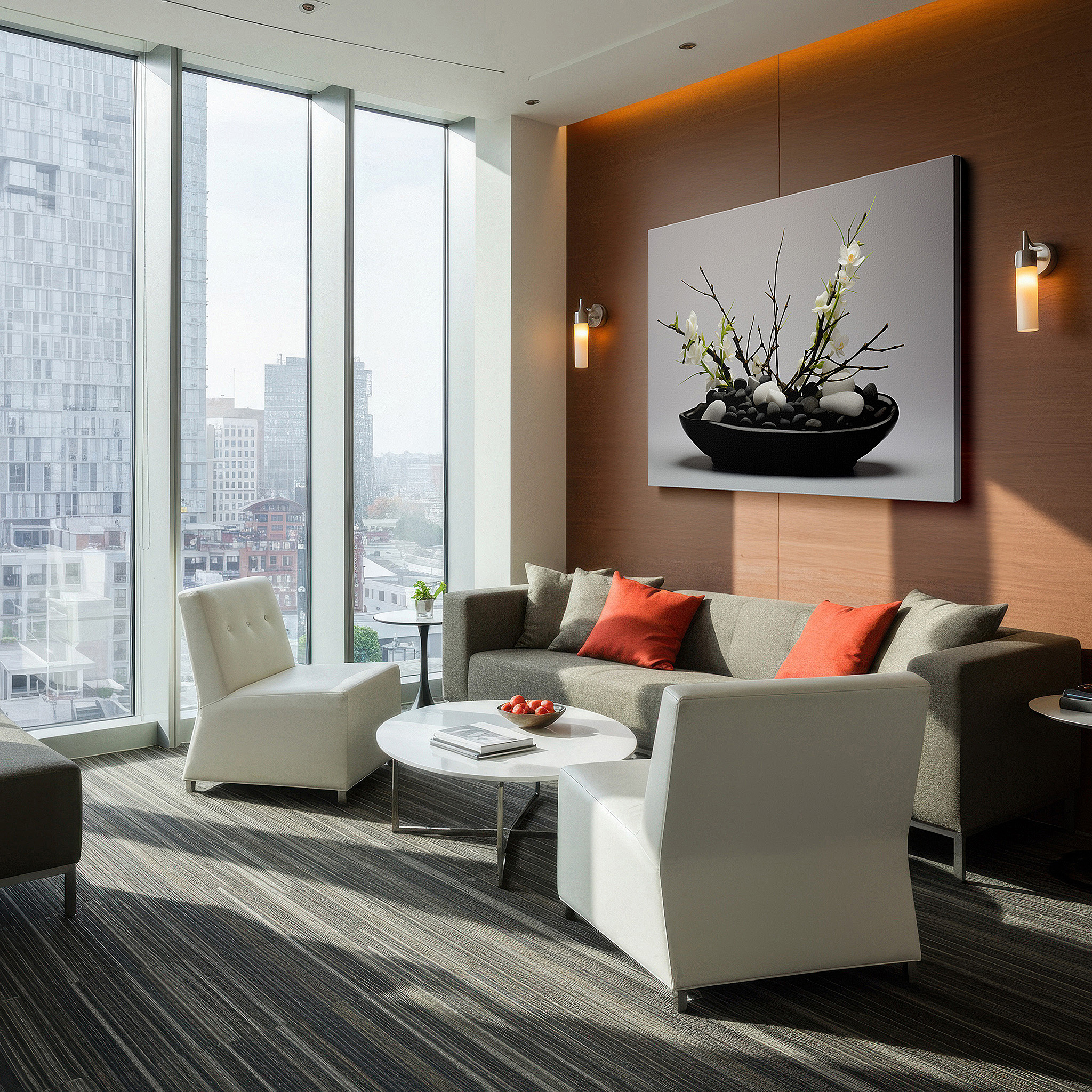 Balanced between two tall indoor plants near a window — serene black stones and elegant white orchids - a symphony of natural beauty and peace large wall art, canvas wall art, wall decor, office art