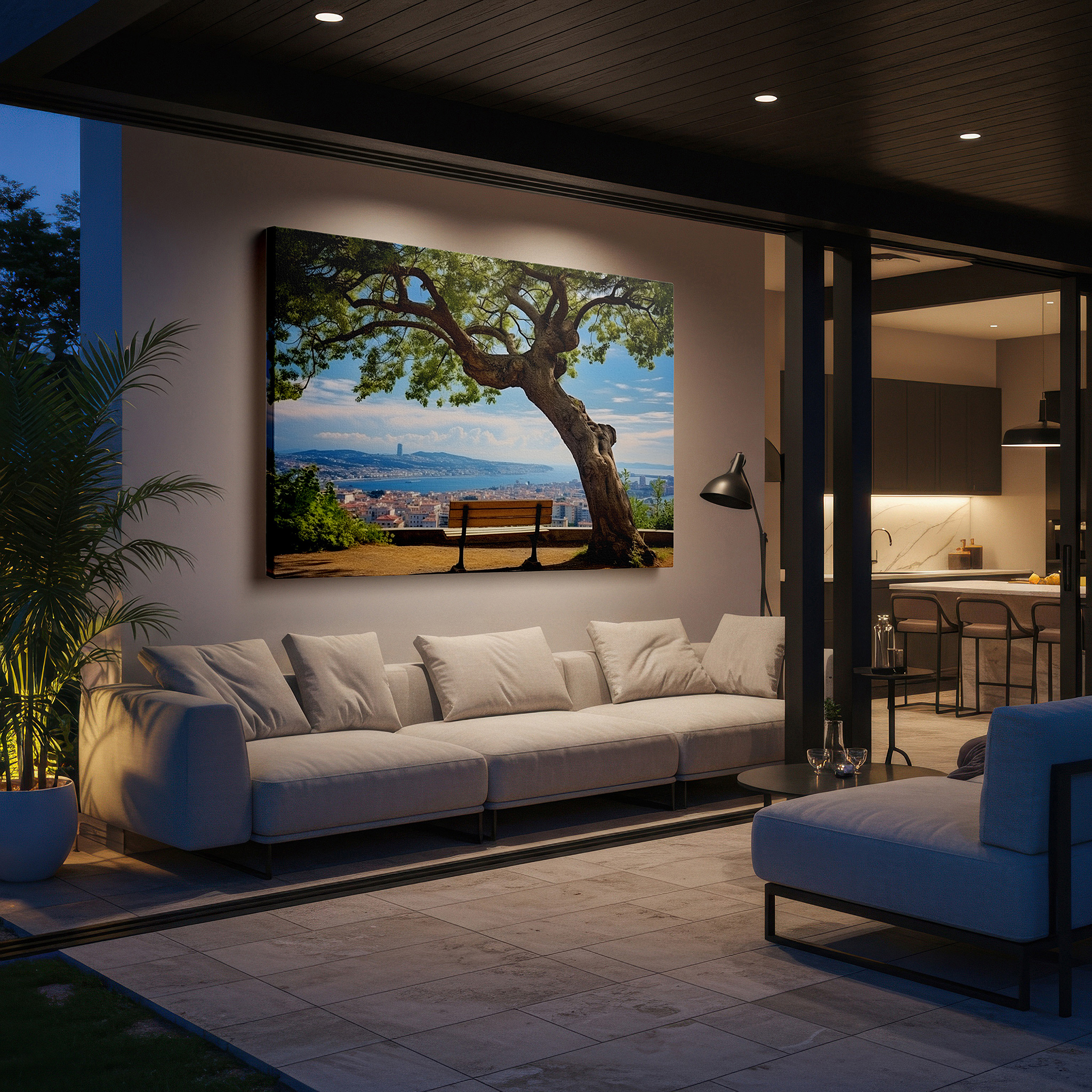 Balanced between two tall indoor plants near a window — serene cityscape and nature fusion: tranquil bench under a grand tree large canvas wall art, perfect for office and home decor