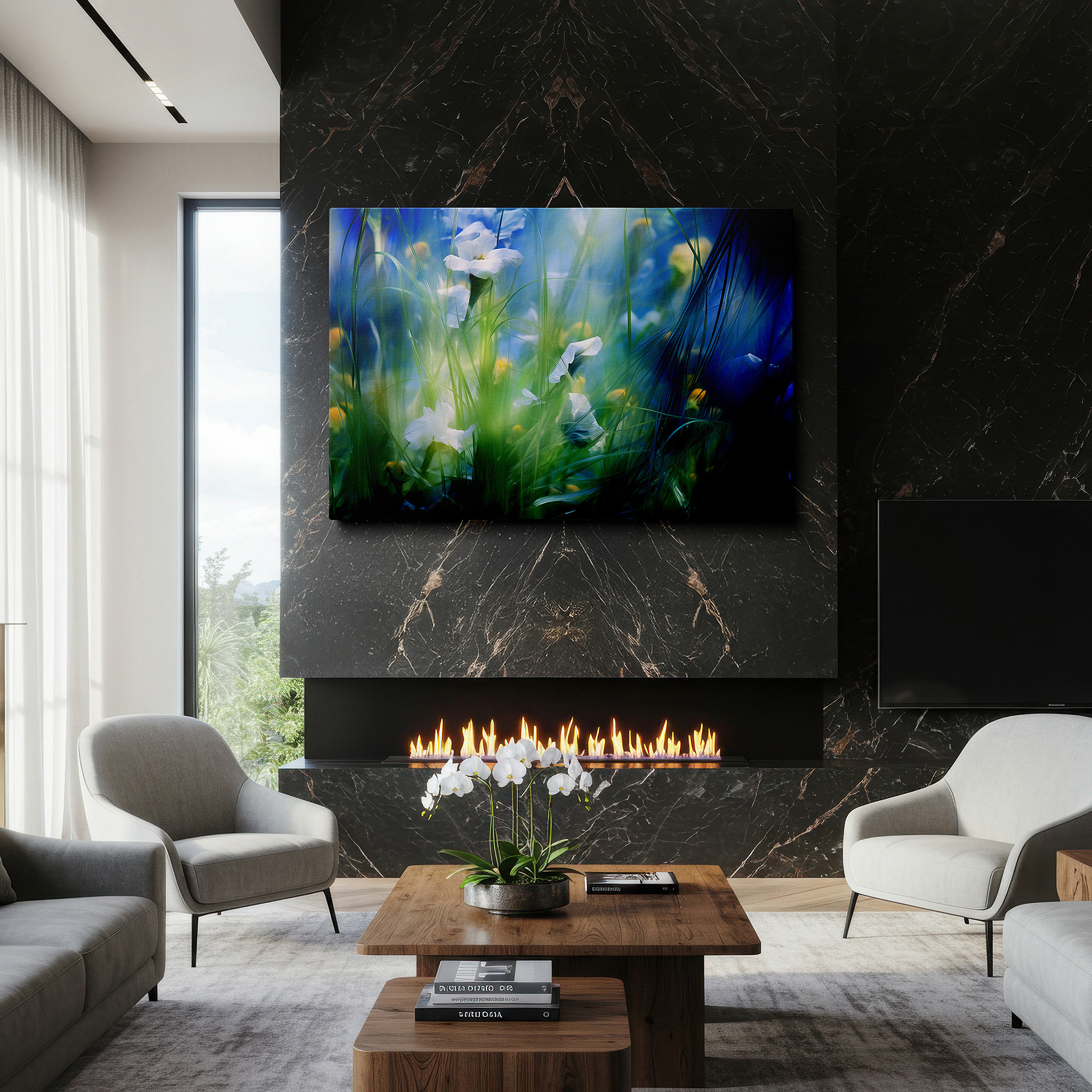 Balanced between two tall indoor plants near a window — serene dawn in a peaceful garden: ethereal white flowers amidst gentle greens and blues, large canvas wall art for home and office decor