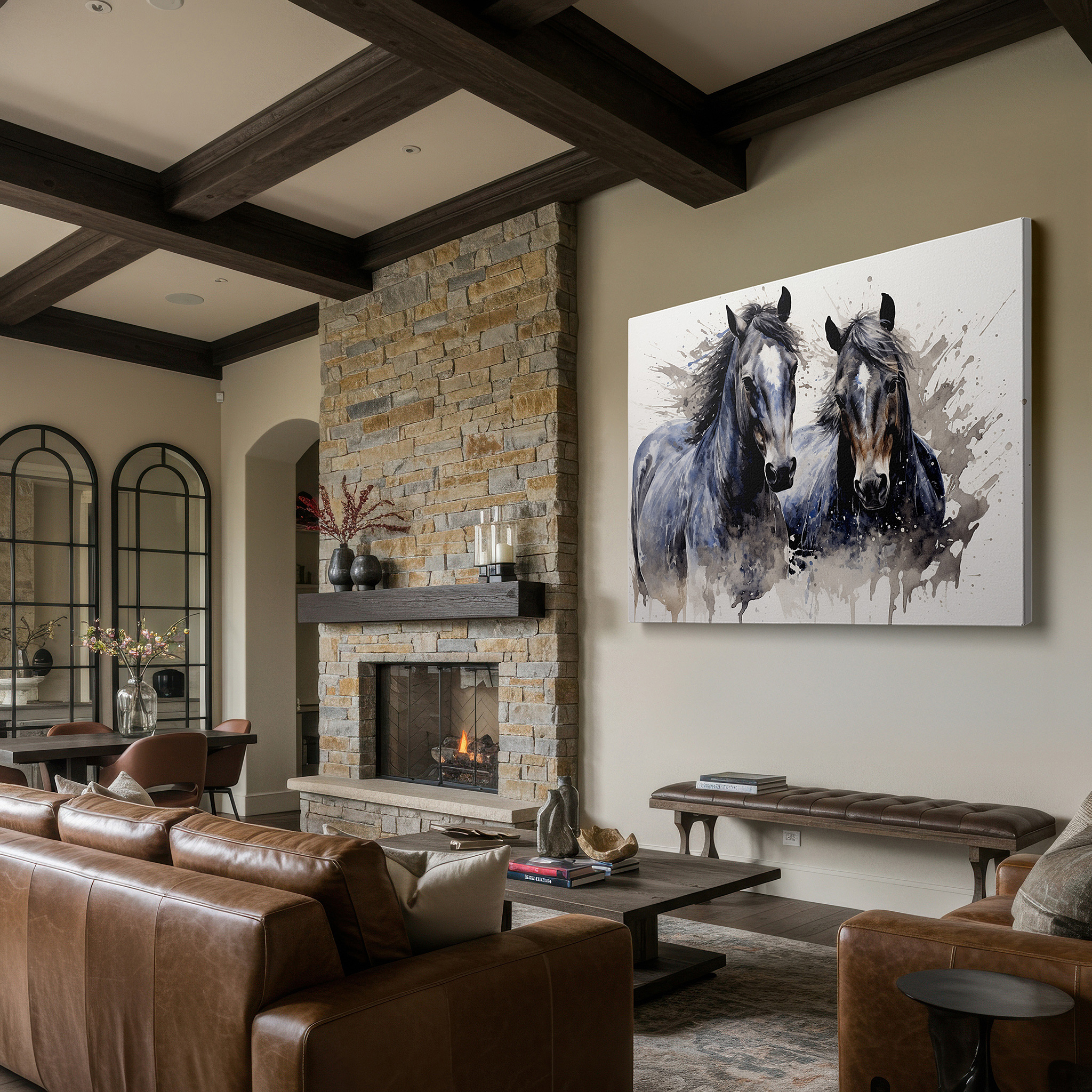 Balanced between two tall indoor plants near a window — serene gray horses in peaceful harmony: elegant and calm large wall art, canvas wall art, wall decor for office