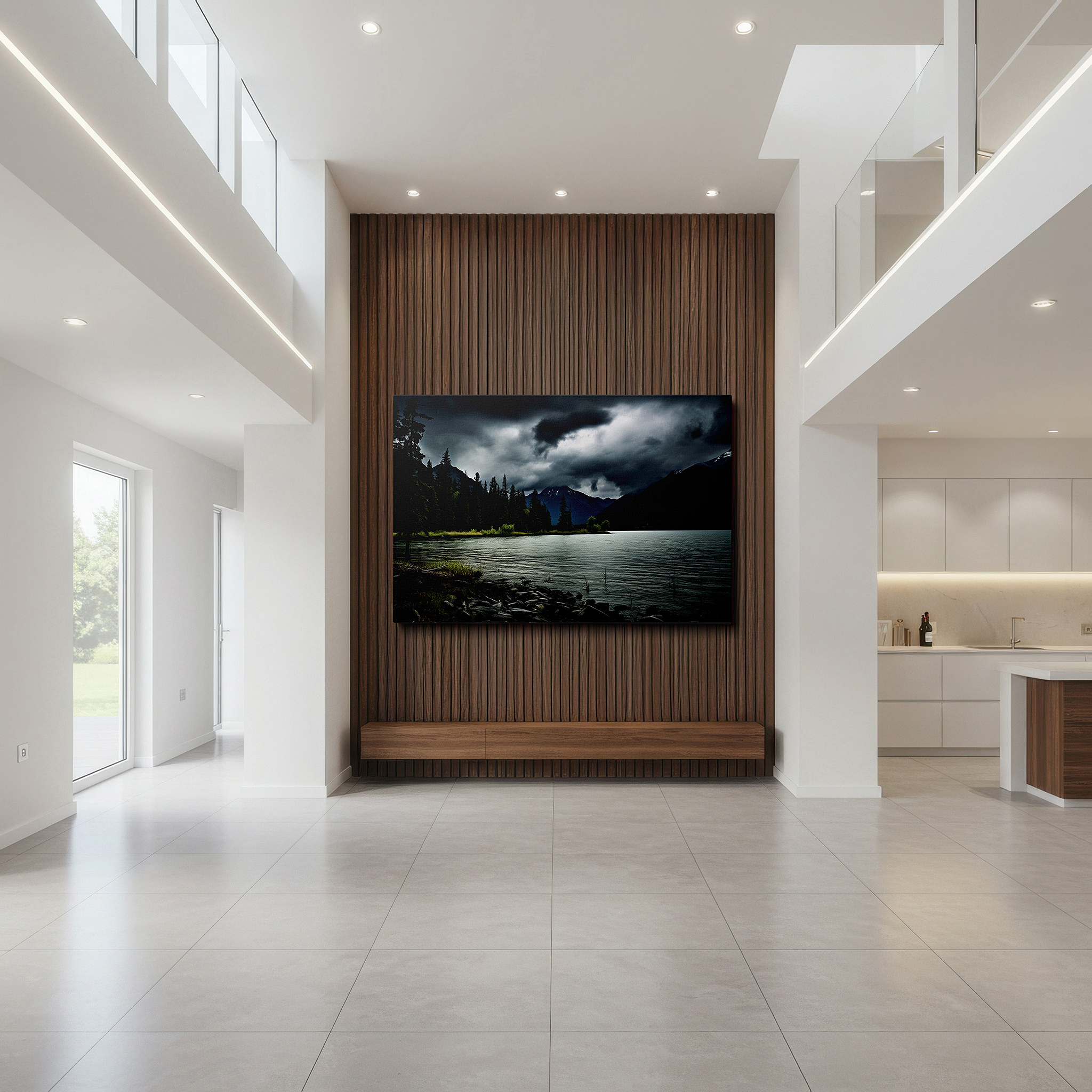 Balanced between two tall indoor plants near a window — serene lake against stormy skies, majestic mountains beneath ominous clouds large wall art, canvas wall art, wall decor, office wall art, bedroom wall art